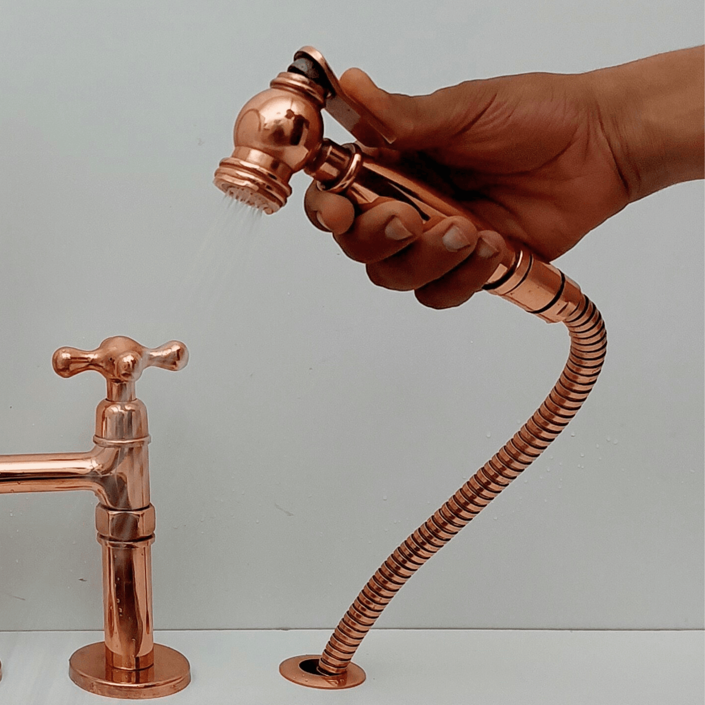 Brass Bridge Faucet with Sprayer and Cold Water Faucet, Polished Copper Finish Kitchen Faucet With Cross Handles - Ref: APCPC-94