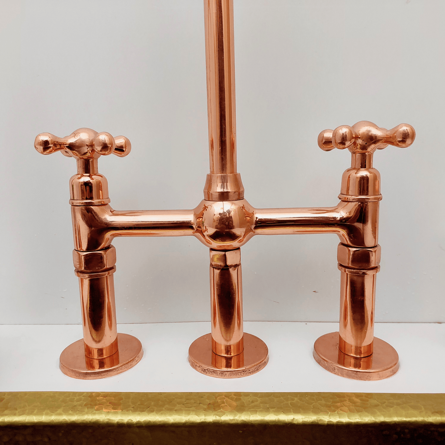 Brass Bridge Faucet with Sprayer and Cold Water Faucet, Polished Copper Finish Kitchen Faucet With Cross Handles - Ref: APCPC-94