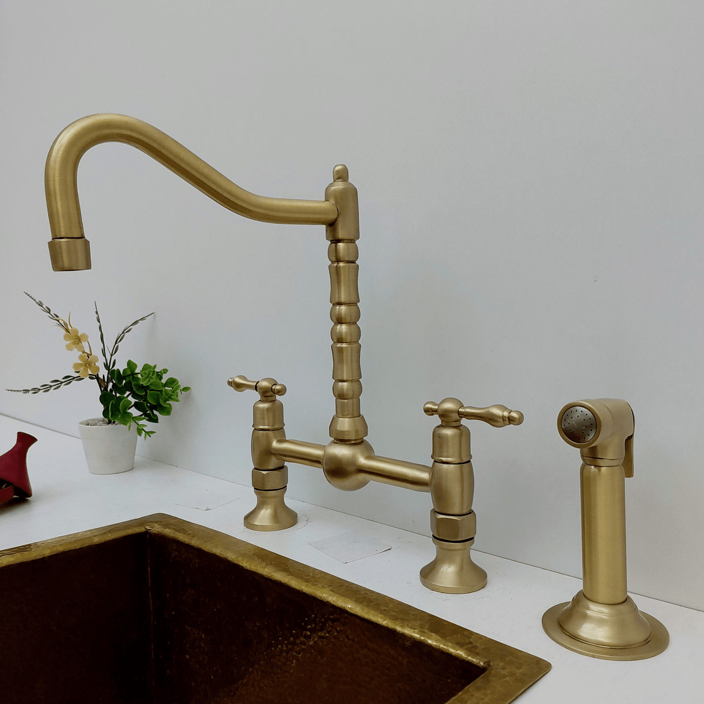Brushed Brass Bridge Kitchen Faucet with Sprayer and Lever Handles - Ref: FA060-BB