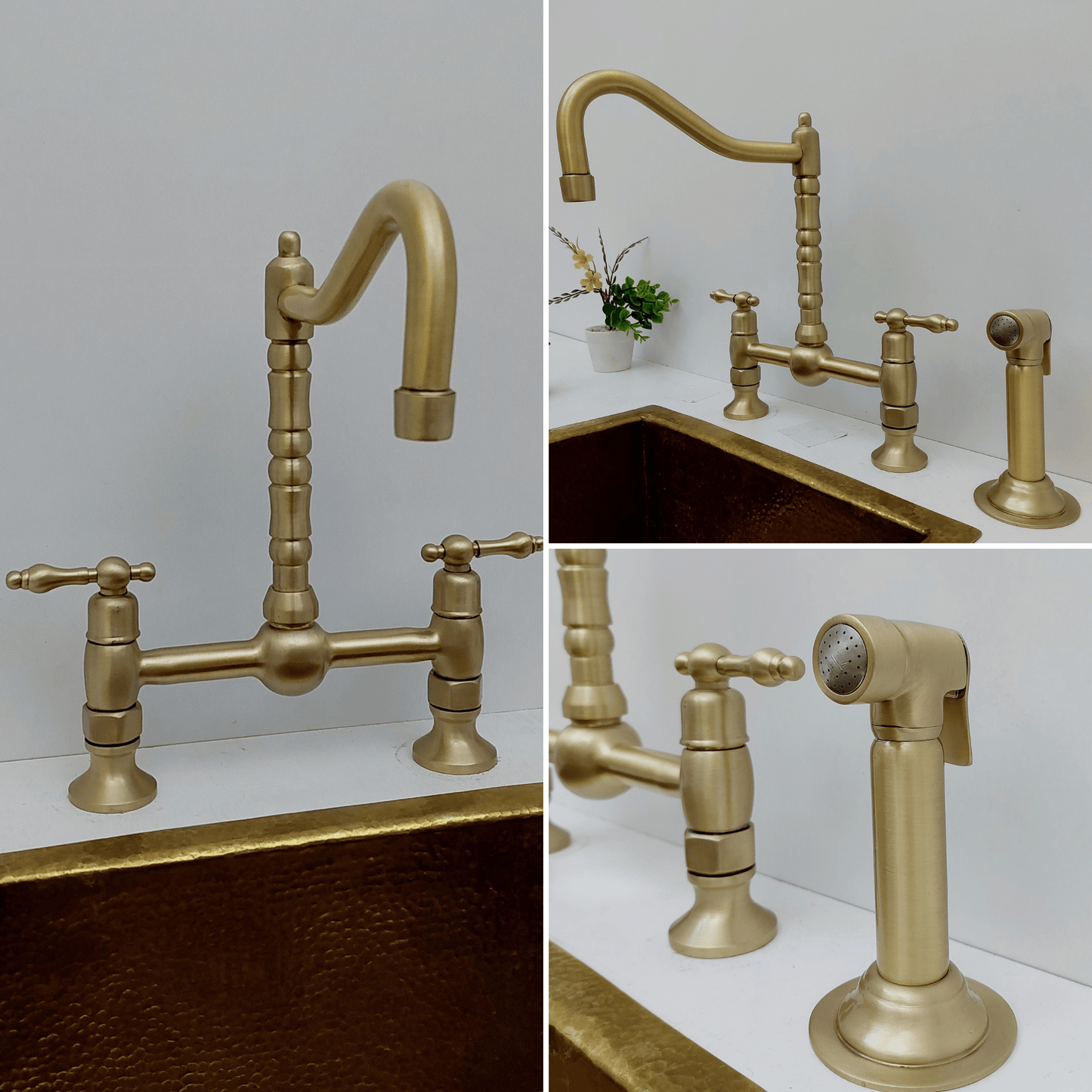 Brushed Brass Bridge Kitchen Faucet with Sprayer and Lever Handles - Ref: FA060-BB