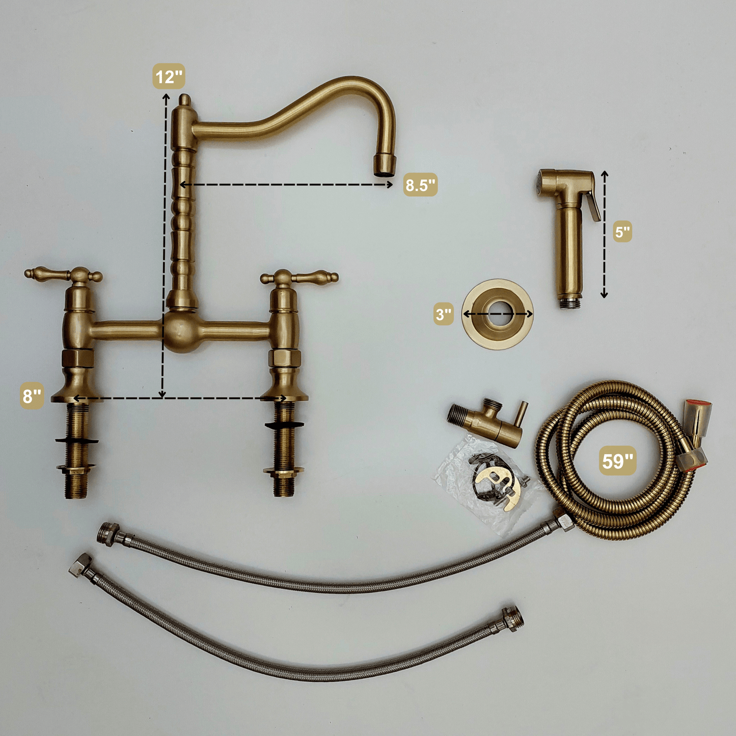 Brushed Brass Bridge Kitchen Faucet with Sprayer and Lever Handles - Ref: FA060-BB