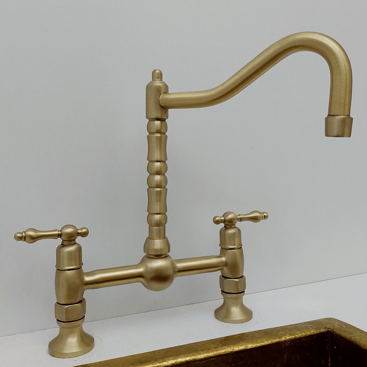 Brushed Brass Bridge Kitchen Faucet with Sprayer and Lever Handles - Ref: FA060-BB