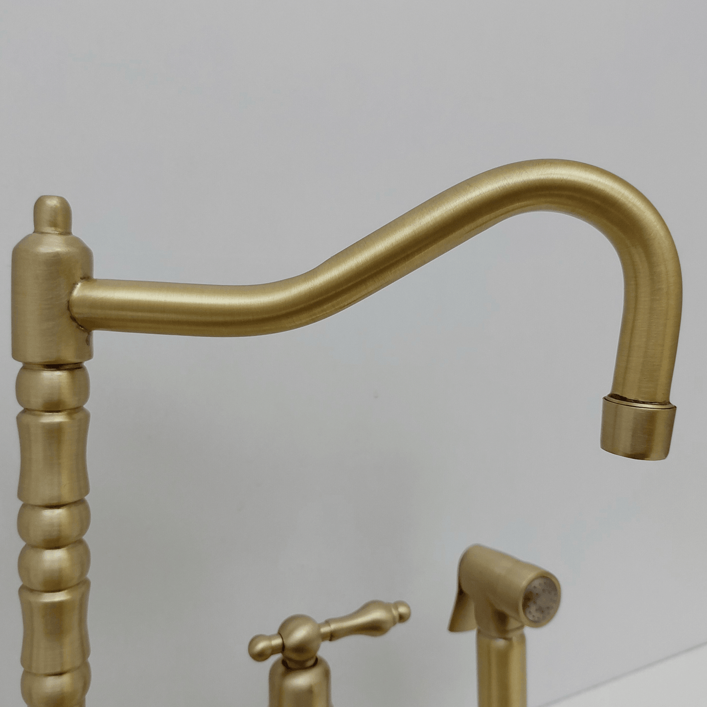 Brushed Brass Bridge Kitchen Faucet with Sprayer and Lever Handles - Ref: FA060-BB