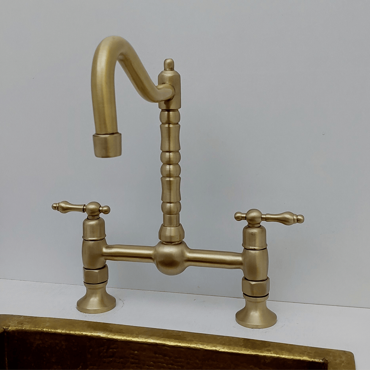 Brushed Brass Bridge Kitchen Faucet with Sprayer and Lever Handles - Ref: FA060-BB