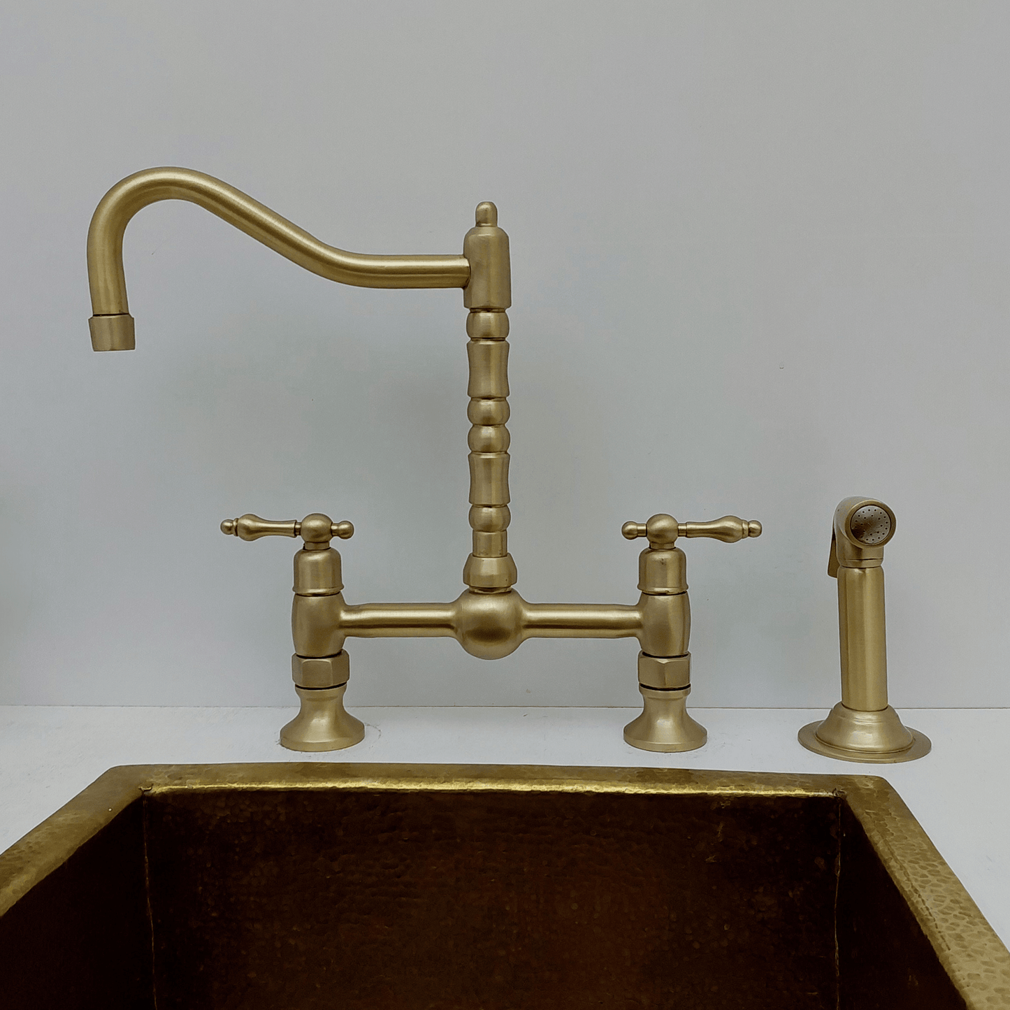 Brushed Brass Bridge Kitchen Faucet with Sprayer and Lever Handles - Ref: FA060-BB