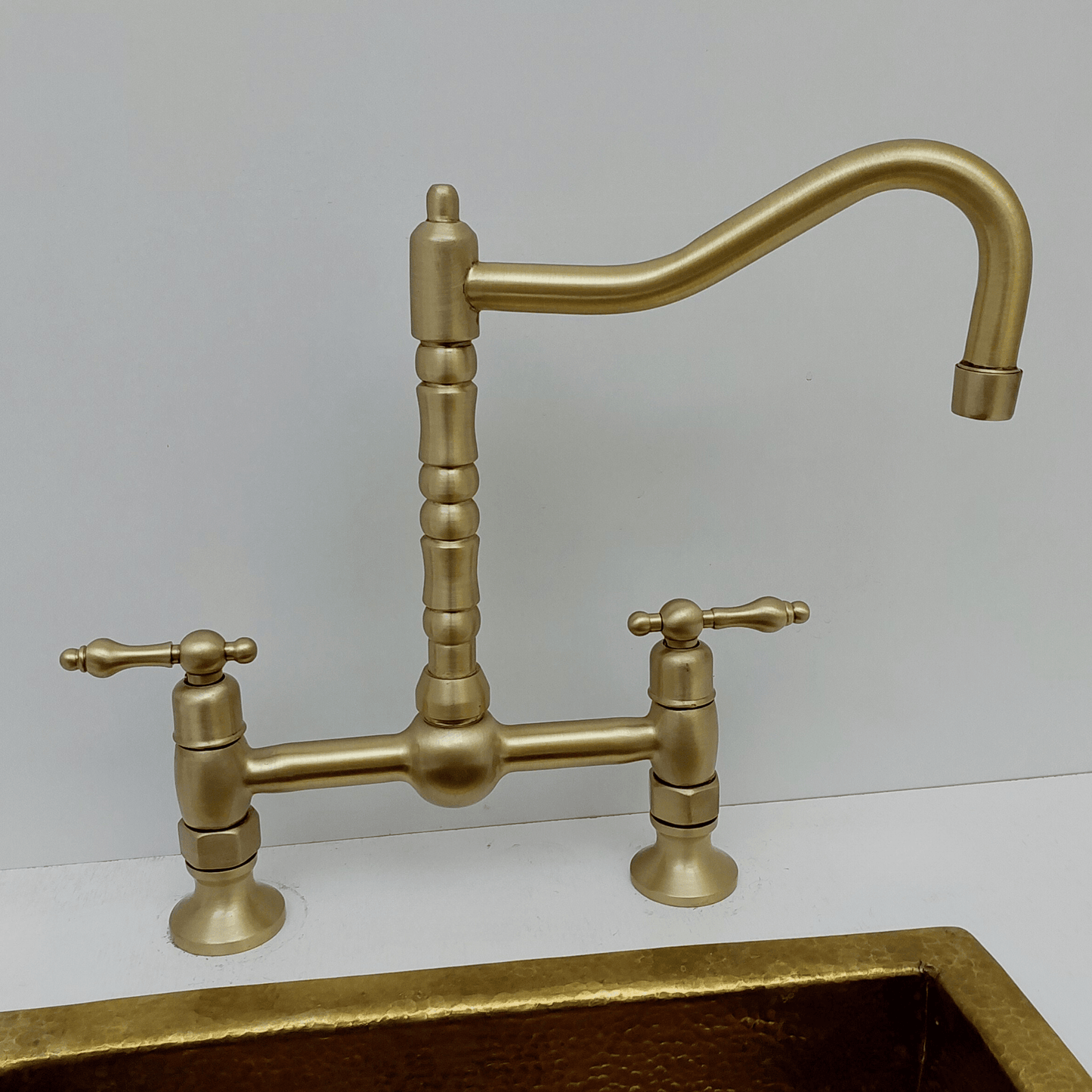 Brushed Brass Bridge Kitchen Faucet with Sprayer and Lever Handles - Ref: FA060-BB