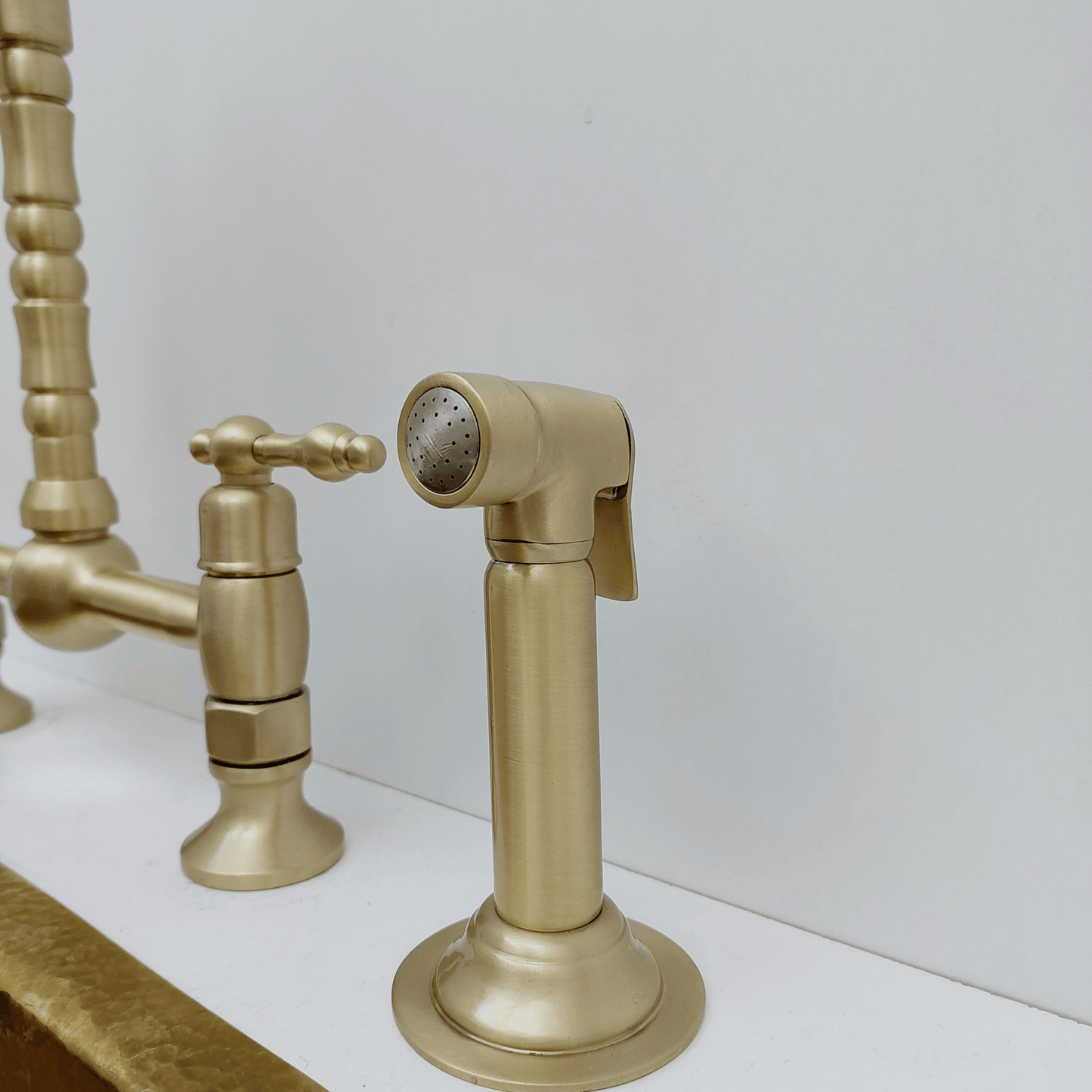 Brushed Brass Bridge Kitchen Faucet with Sprayer and Lever Handles - Ref: FA060-BB