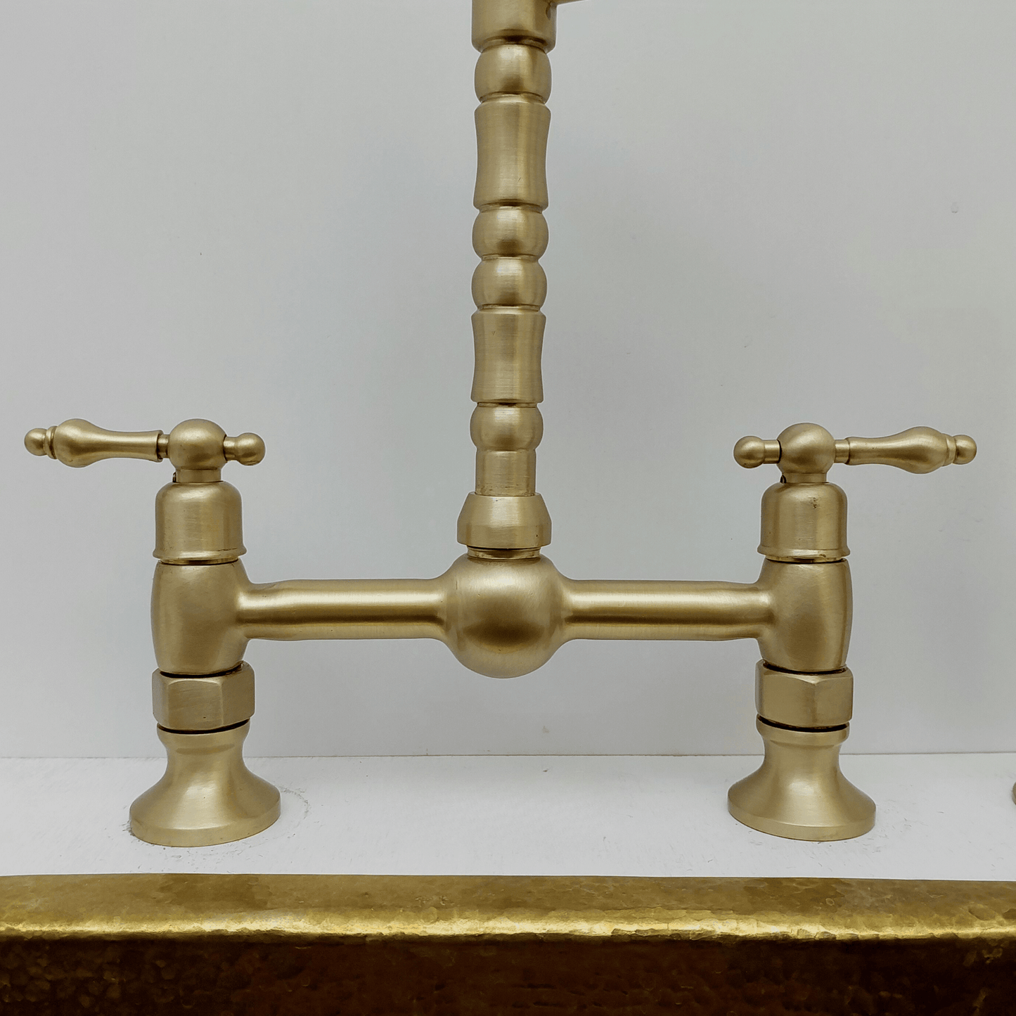 Brushed Brass Bridge Kitchen Faucet with Sprayer and Lever Handles - Ref: FA060-BB