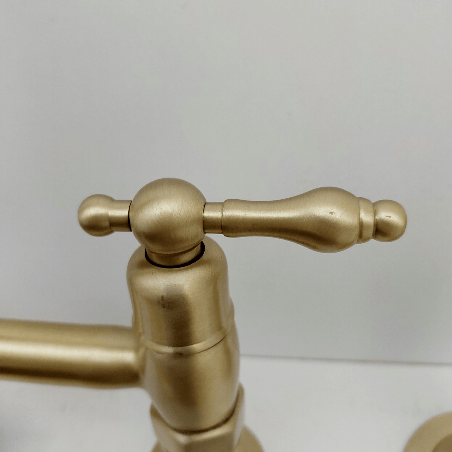 Brushed Brass Bridge Kitchen Faucet with Sprayer and Lever Handles - Ref: FA060-BB