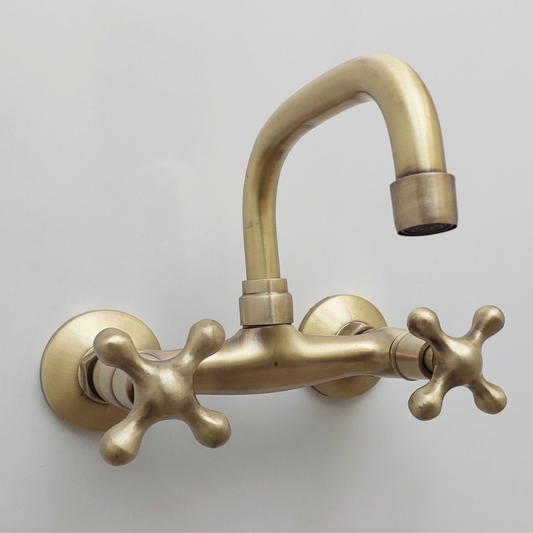 Brushed Brass Wall Mount Faucet, Antique Gooseneck Faucet - Ref: FA006-BB