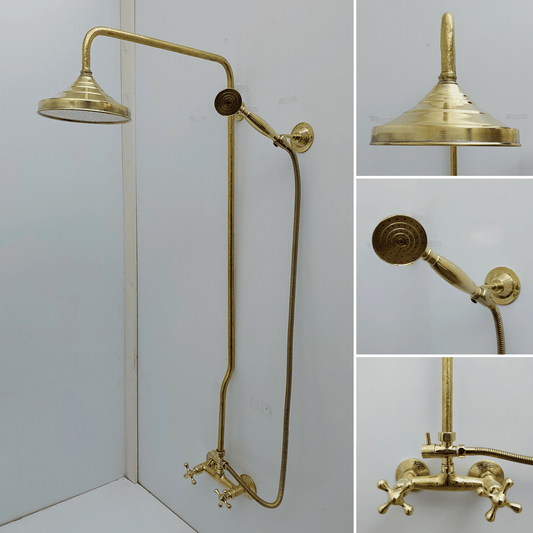 Engraved Unlacquered Brass Shower System with Handheld Shower Head, Round Rain Shower Head and Cross Handles - Ref: ATLASS46