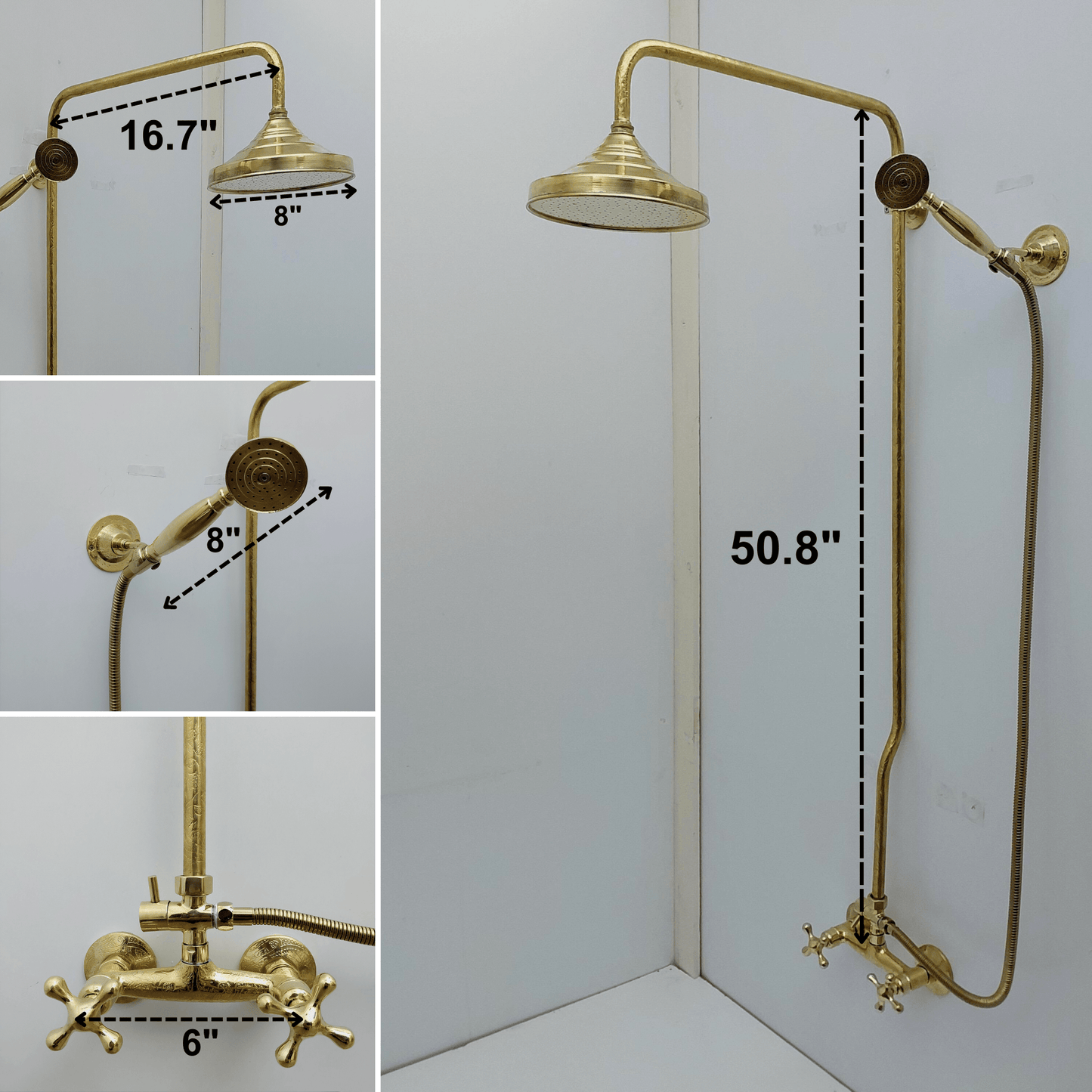 Engraved Unlacquered Brass Shower System with Handheld Shower Head, Round Rain Shower Head and Cross Handles - Ref: ATLASS46