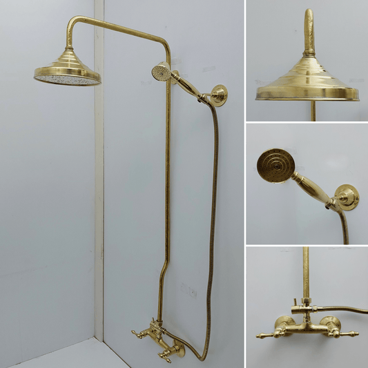 Engraved Unlacquered Brass Shower System with Handheld Shower Head, Round Rain Shower Head and Lever Handles - Ref: ATLASS47