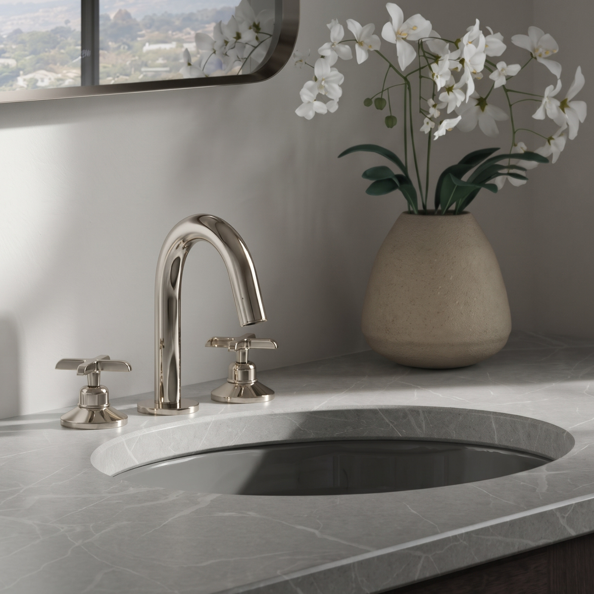 Polished Nickel Gooseneck Widespread Bathroom Faucet with Cross Handles