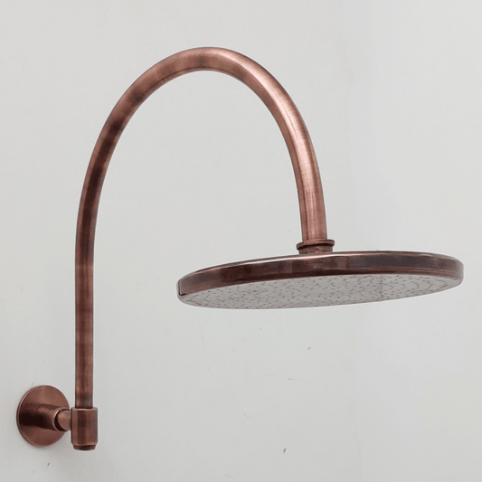 Round Rain Shower Head with Arcuate Arm, Antique Copper Finish - Ref: CSHA-001