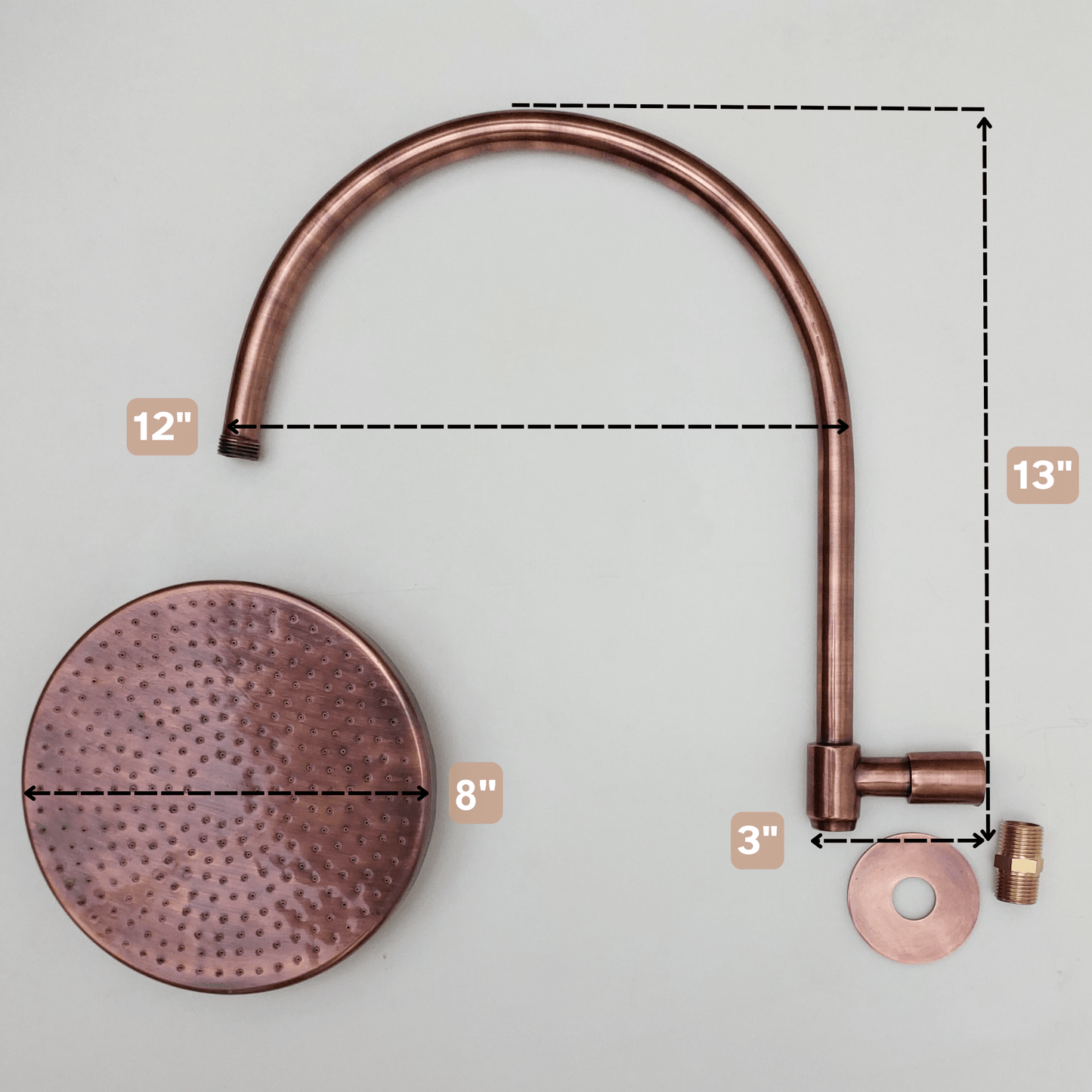 Round Rain Shower Head with Arcuate Arm, Antique Copper Finish - Ref: CSHA-001