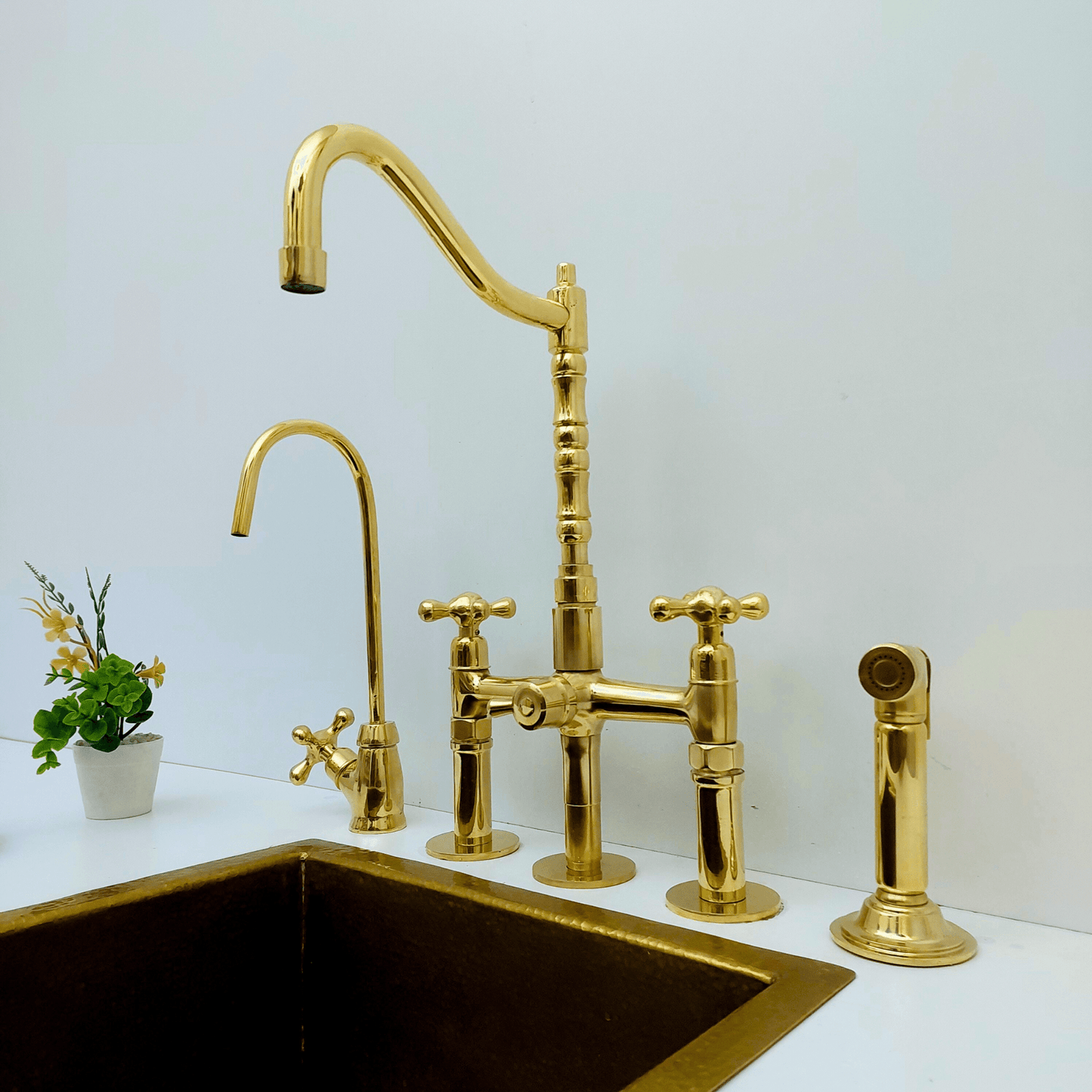 Unlacquered Brass Bridge Faucet with Sprayer and Cold Water Faucet, Brass Kitchen Faucet With Cross Handles - Ref: FA068-CCL