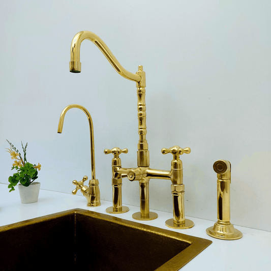 Unlacquered Brass Bridge Faucet with Sprayer and Cold Water Faucet, Brass Kitchen Faucet With Cross Handles - Ref: FA068-CCL