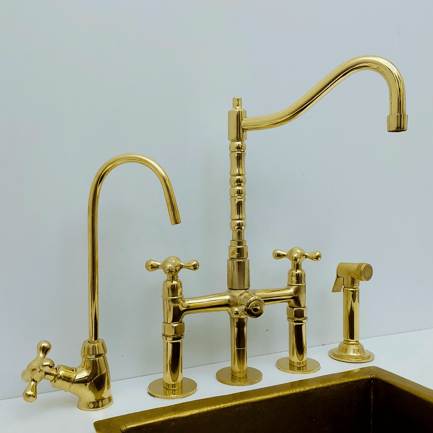 Unlacquered Brass Bridge Faucet with Sprayer and Cold Water Faucet, Brass Kitchen Faucet With Cross Handles - Ref: FA068-CCL