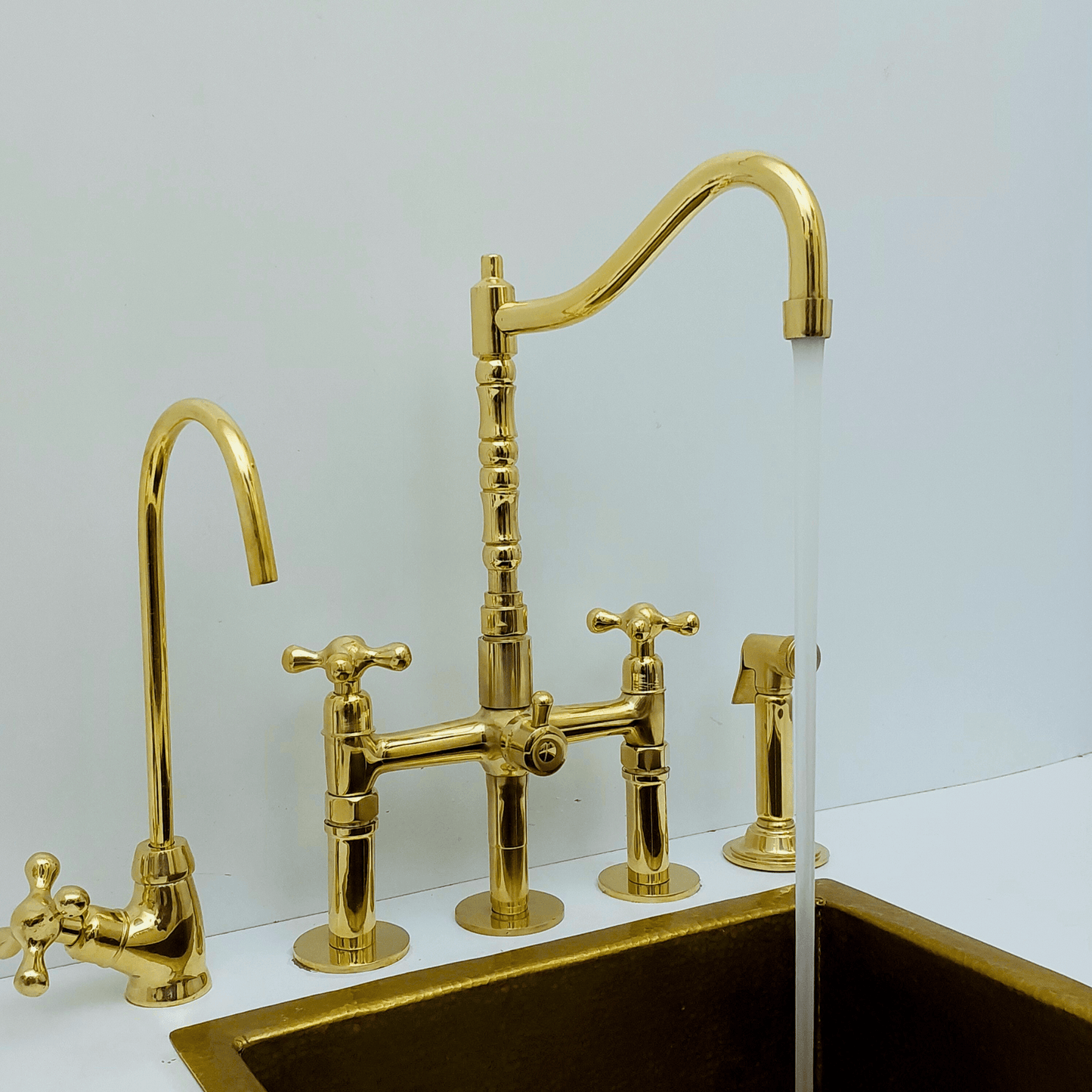 Unlacquered Brass Bridge Faucet with Sprayer and Cold Water Faucet, Brass Kitchen Faucet With Cross Handles - Ref: FA068-CCL