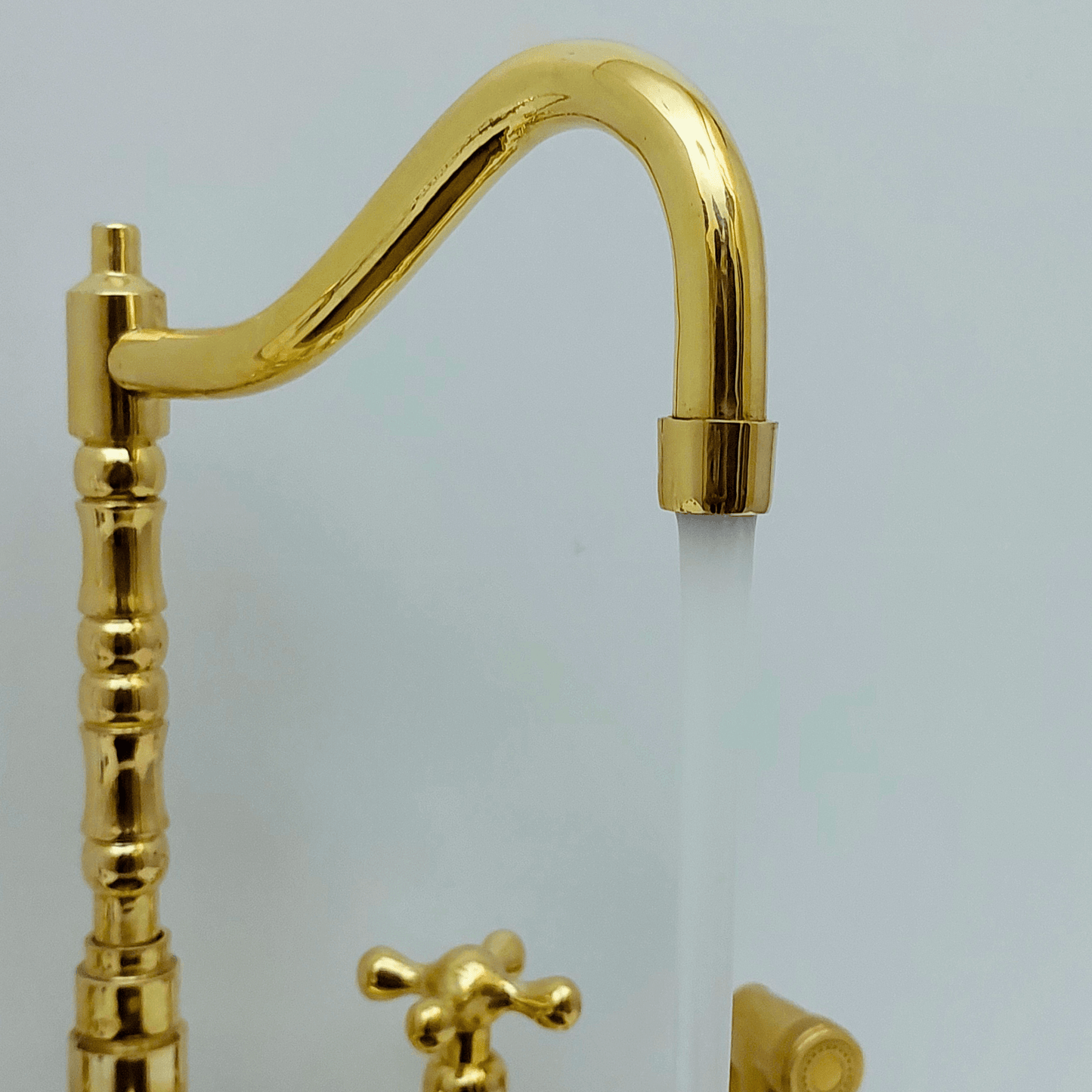 Unlacquered Brass Bridge Faucet with Sprayer and Cold Water Faucet, Brass Kitchen Faucet With Cross Handles - Ref: FA068-CCL