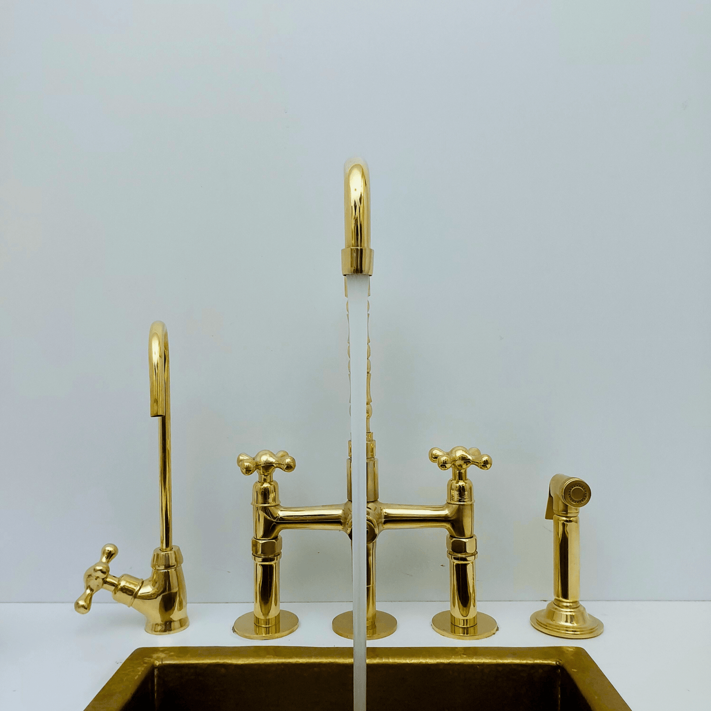 Unlacquered Brass Bridge Faucet with Sprayer and Cold Water Faucet, Brass Kitchen Faucet With Cross Handles - Ref: FA068-CCL