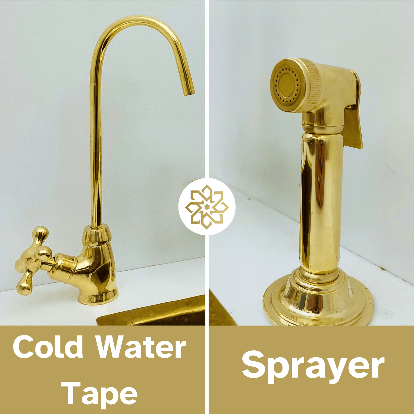 Unlacquered Brass Bridge Faucet with Sprayer and Cold Water Faucet, Brass Kitchen Faucet With Cross Handles - Ref: FA068-CCL