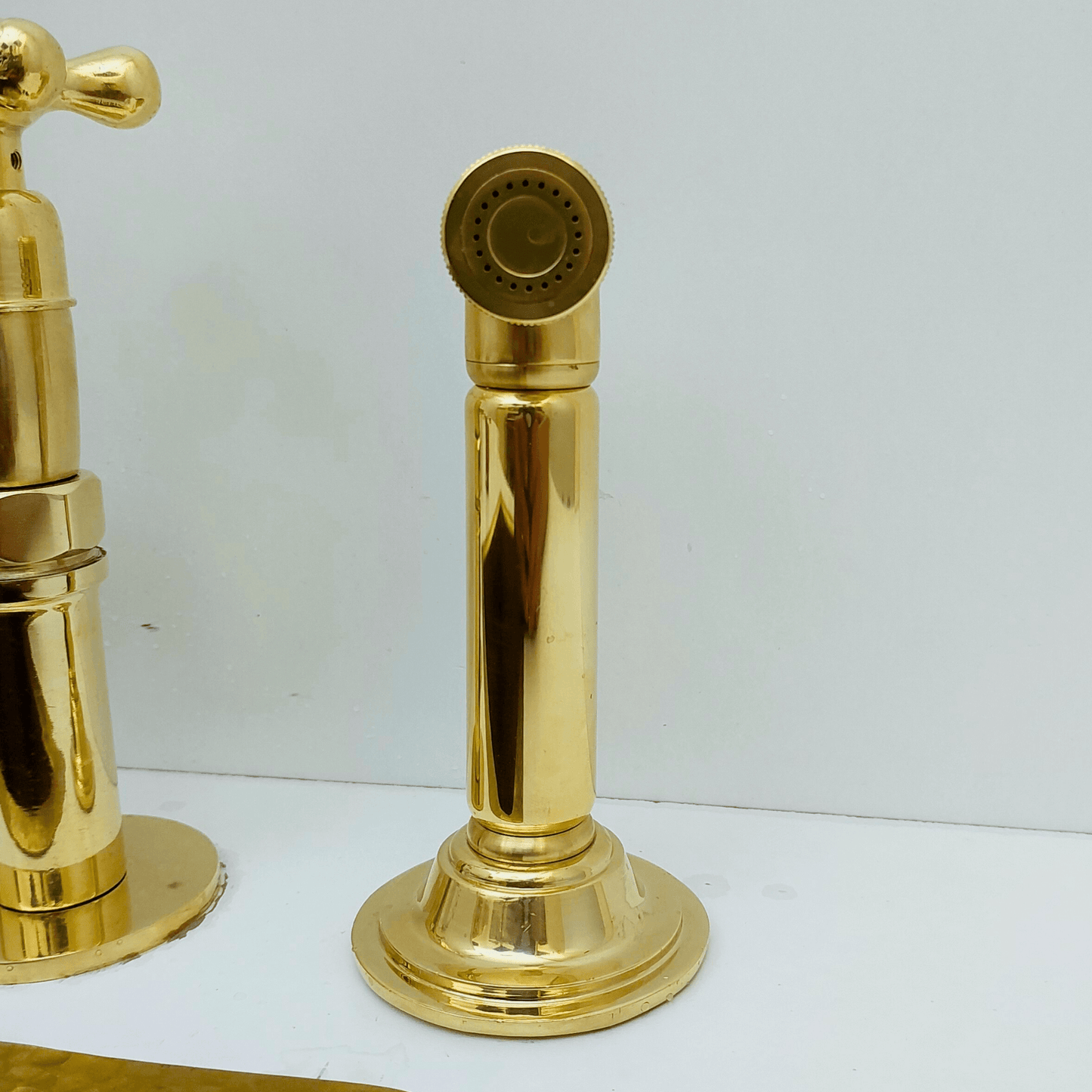 Unlacquered Brass Bridge Faucet with Sprayer and Cold Water Faucet, Brass Kitchen Faucet With Cross Handles - Ref: FA068-CCL