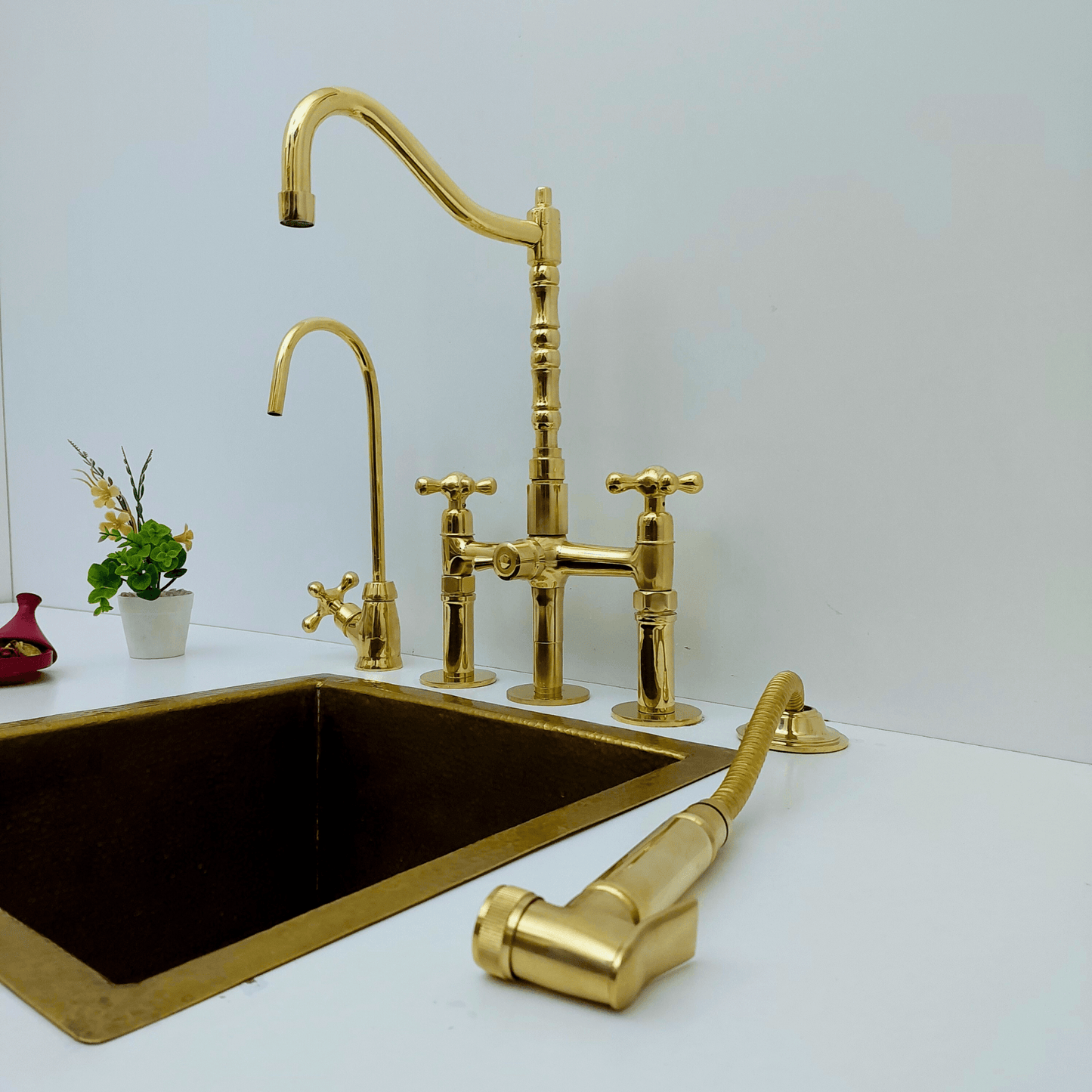 Unlacquered Brass Bridge Faucet with Sprayer and Cold Water Faucet, Brass Kitchen Faucet With Cross Handles - Ref: FA068-CCL