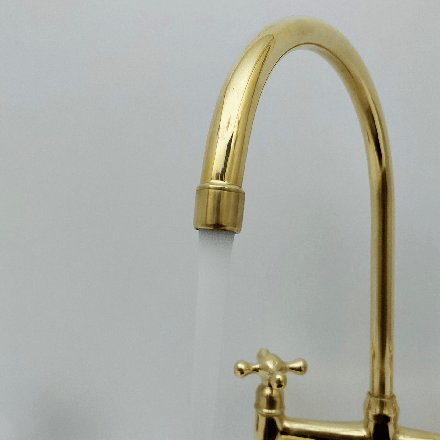 Unlacquered Brass Bridge Faucet with Sprayer, Brass Kitchen Faucet With Cross Handles - Ref: BF2LCB001-SP