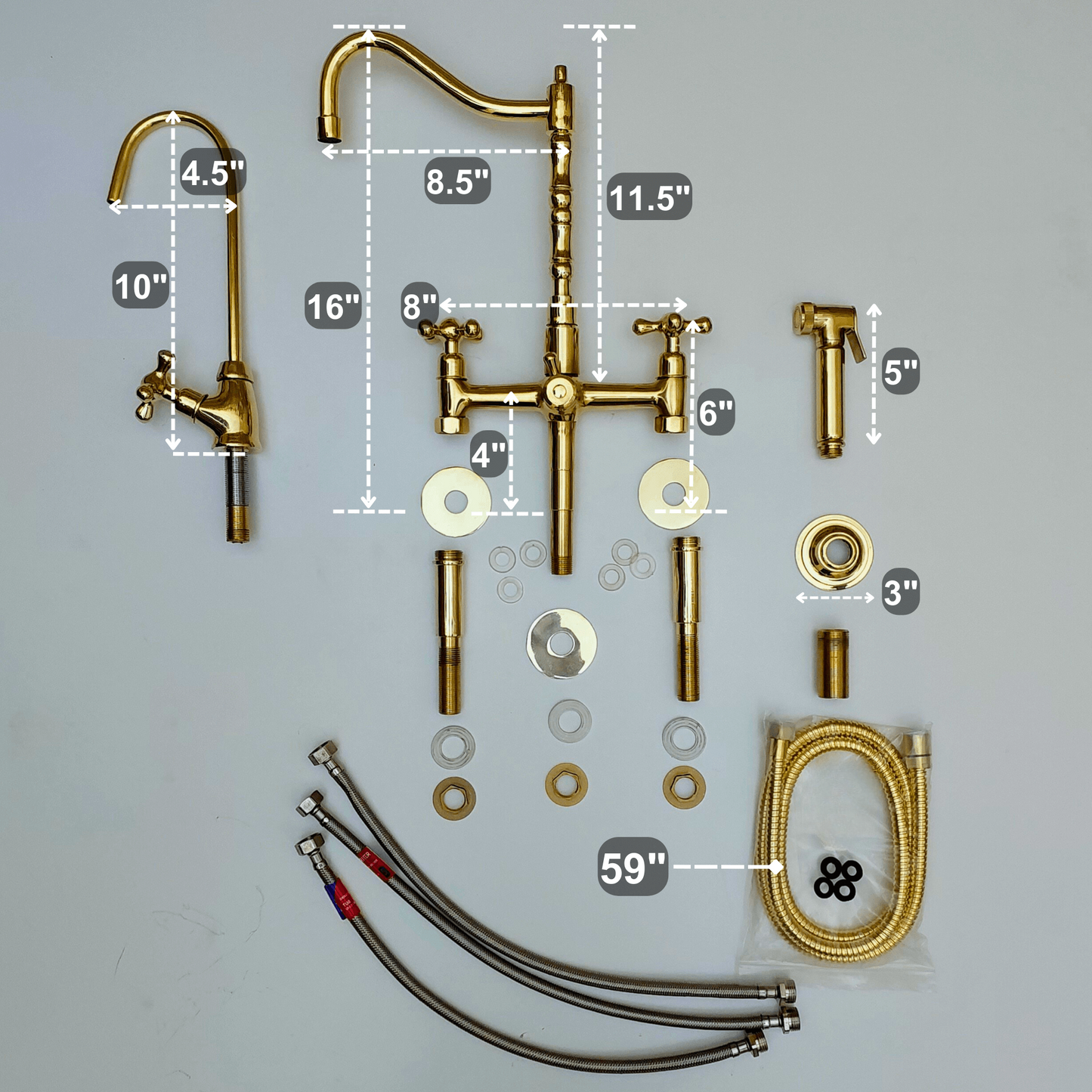 Unlacquered Brass Bridge Faucet with Sprayer and Cold Water Faucet, Brass Kitchen Faucet With Cross Handles - Ref: FA068-CCL