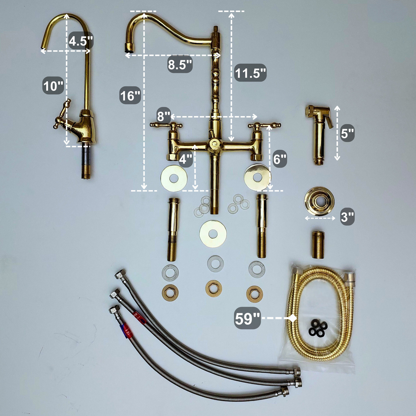 Unlacquered Brass Bridge Faucet with Sprayer and Cold Water Faucet, Brass Kitchen Faucet With Lever Handles - Ref: FA068-LCL