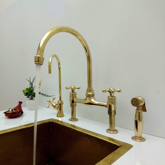 Unlacquered Brass Bridge Kitchen Faucet With Sprayer and Cross Handles - 8" Spread - Ref: APC-3