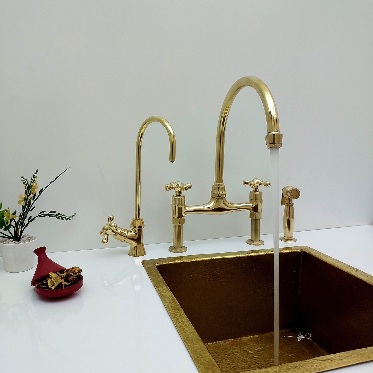 Unlacquered Brass Bridge Kitchen Faucet With Sprayer and Cross Handles - 8" Spread - Ref: APC-3