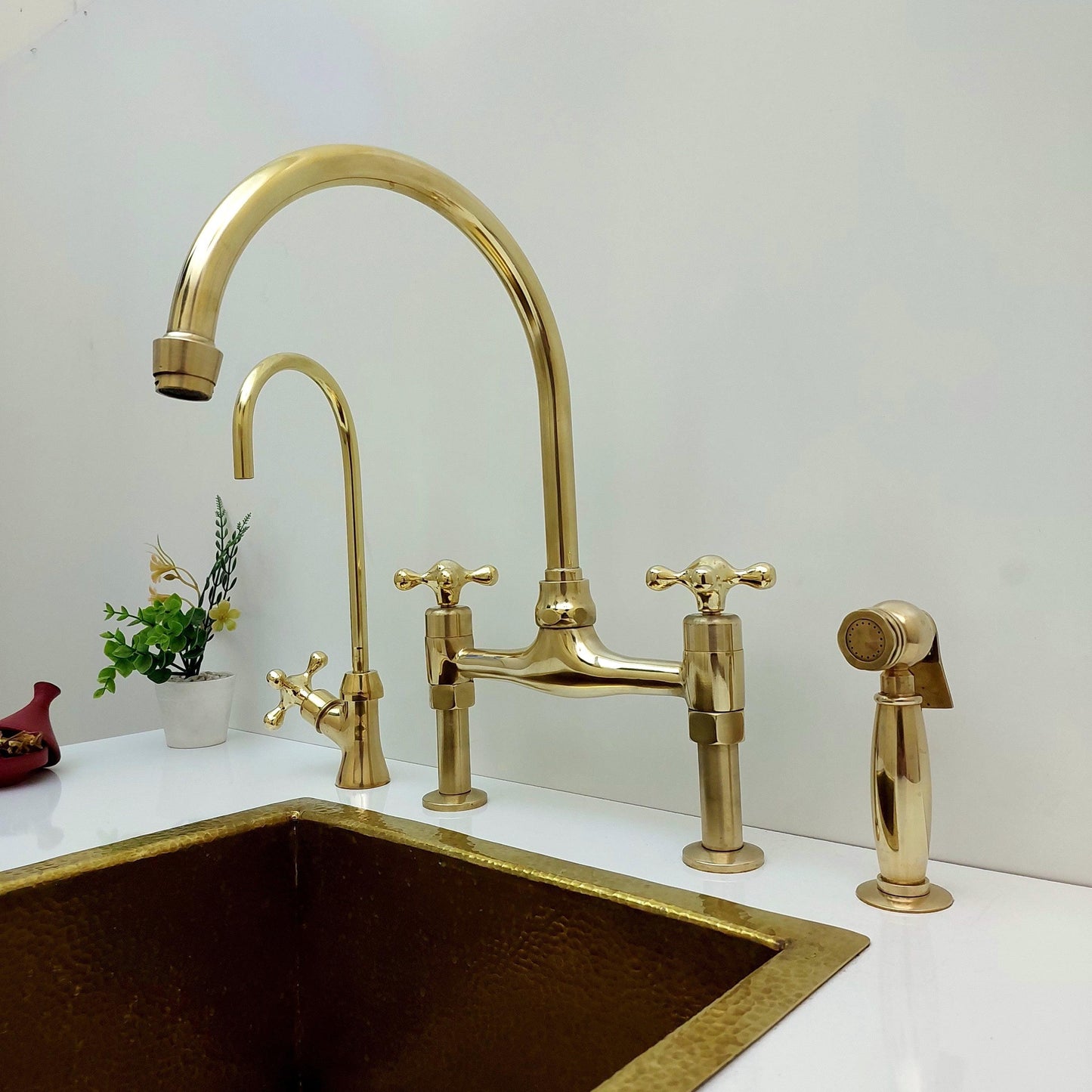 Unlacquered Brass Bridge Kitchen Faucet With Sprayer and Cross Handles - 8" Spread - Ref: APC-3