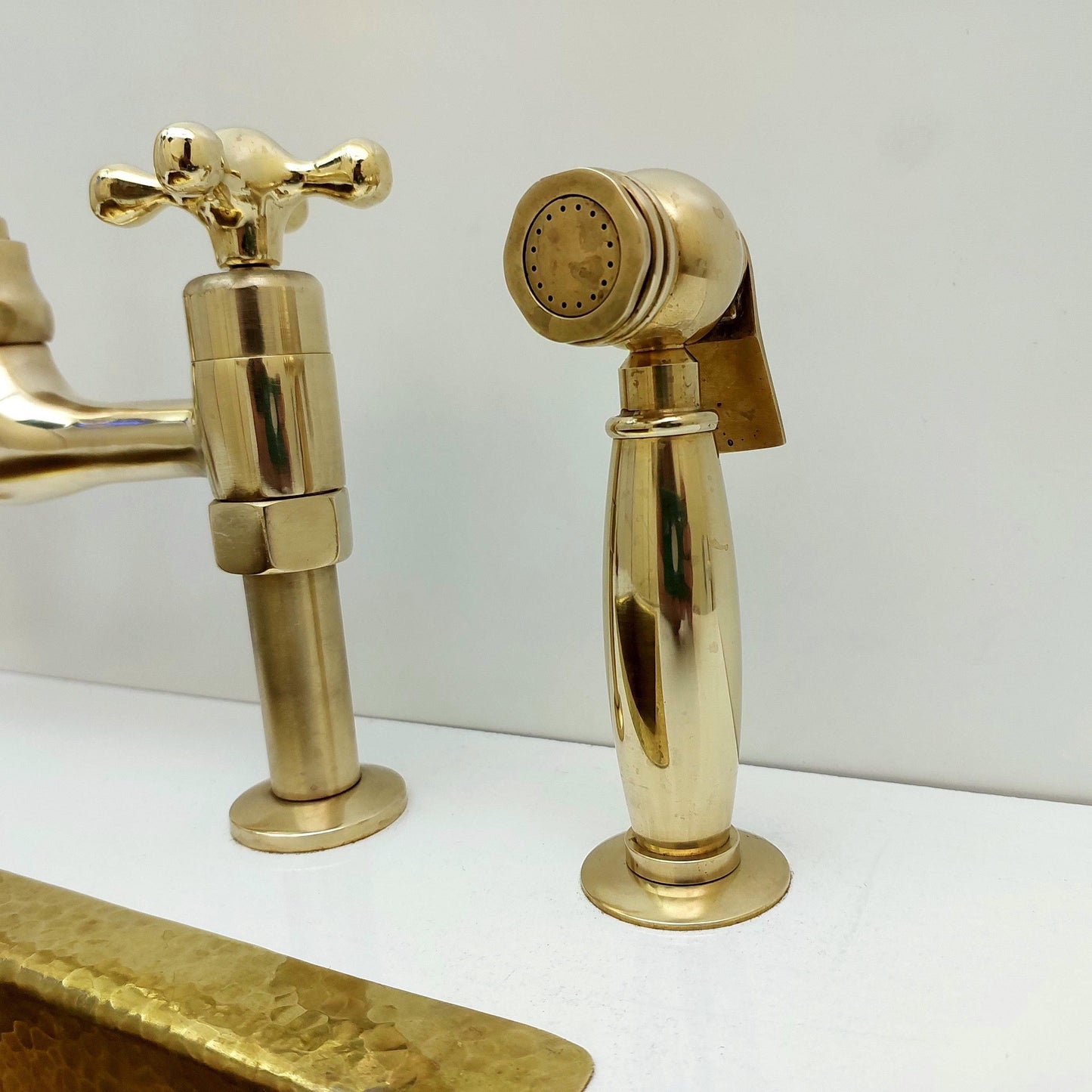 Unlacquered Brass Bridge Kitchen Faucet With Sprayer and Cross Handles - 8" Spread - Ref: APC-3