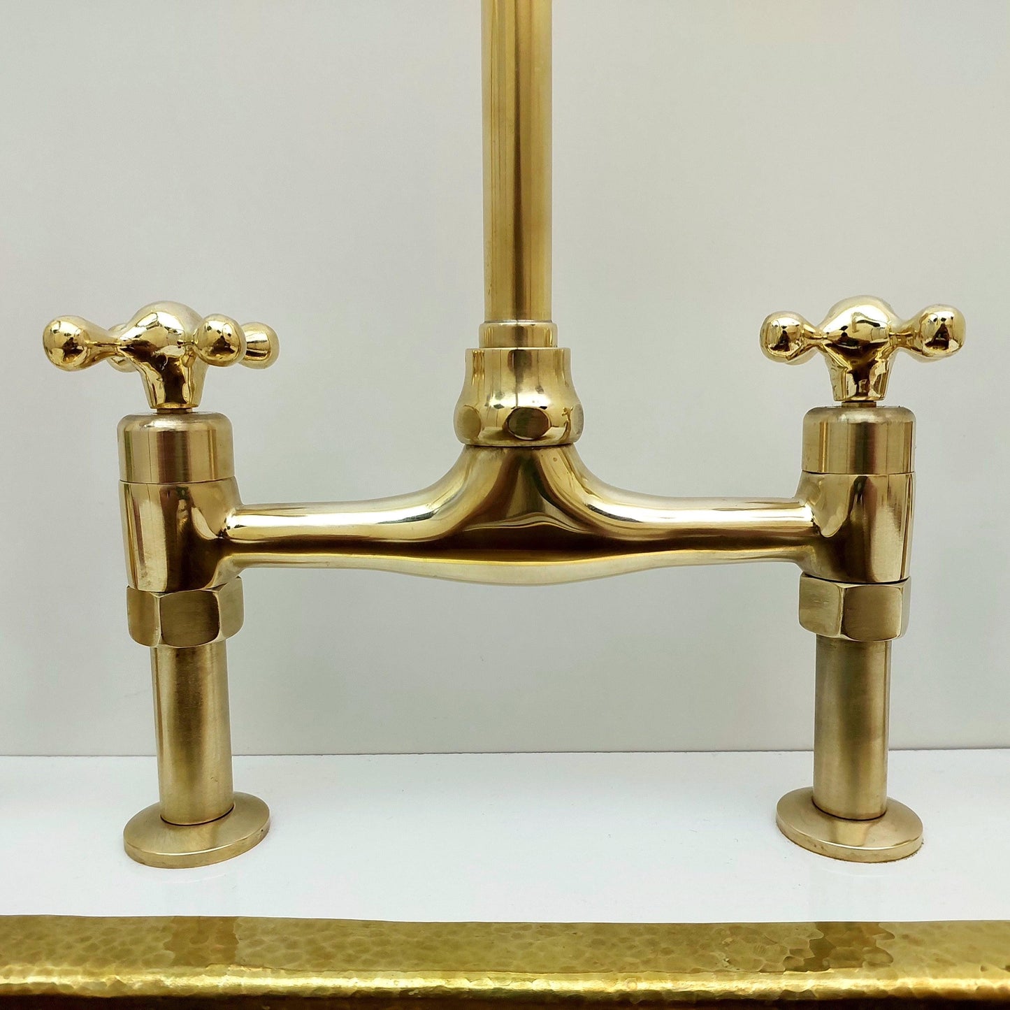 Unlacquered Brass Bridge Kitchen Faucet With Sprayer and Cross Handles - 8" Spread - Ref: APC-3