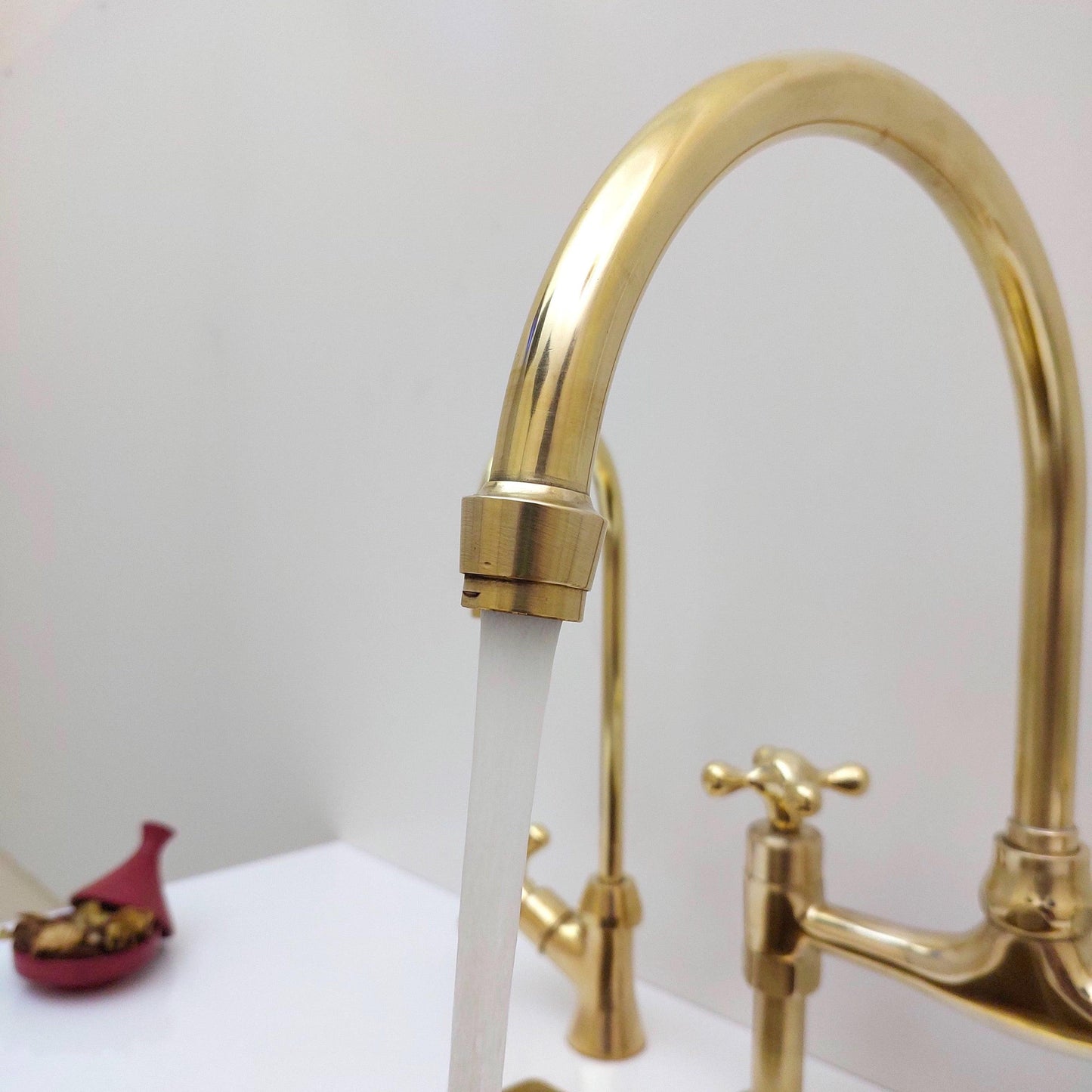 Unlacquered Brass Bridge Kitchen Faucet With Sprayer and Cross Handles - 8" Spread - Ref: APC-3