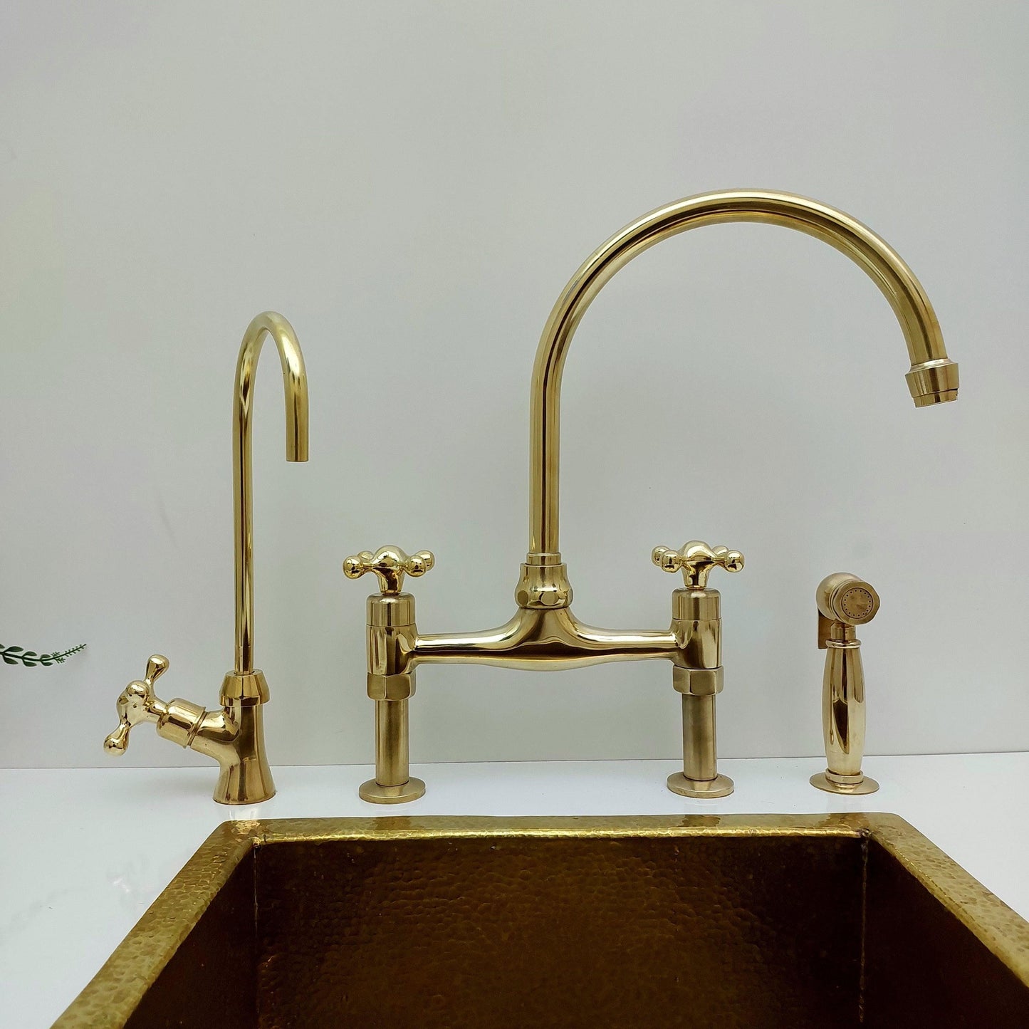 Unlacquered Brass Bridge Kitchen Faucet With Sprayer and Cross Handles - 8" Spread - Ref: APC-3