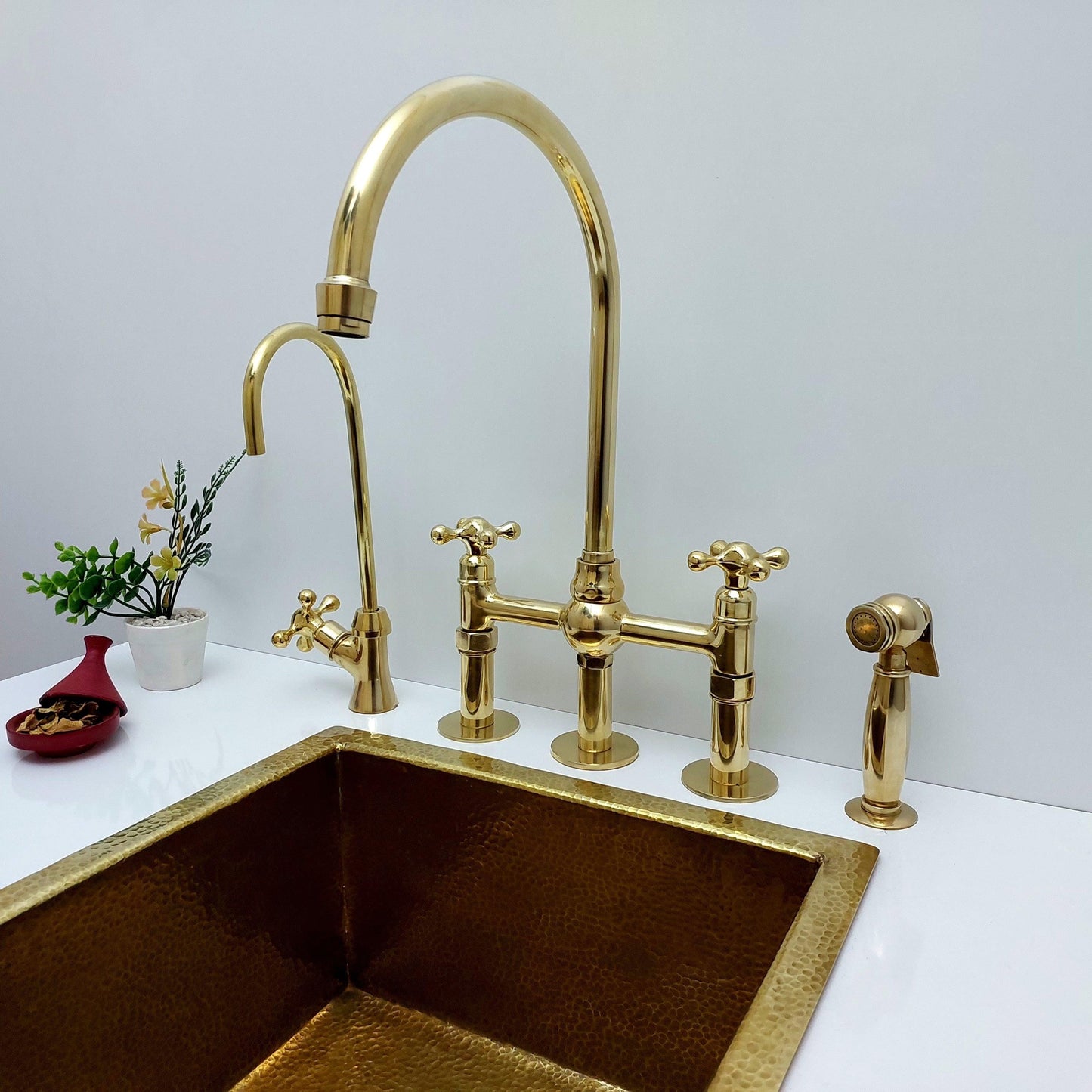 Unlacquered Brass Bridge Kitchen Faucet With Ball Center, 3 Straight Legs, And Cross Handles - 8" Spread - Ref: APC-4