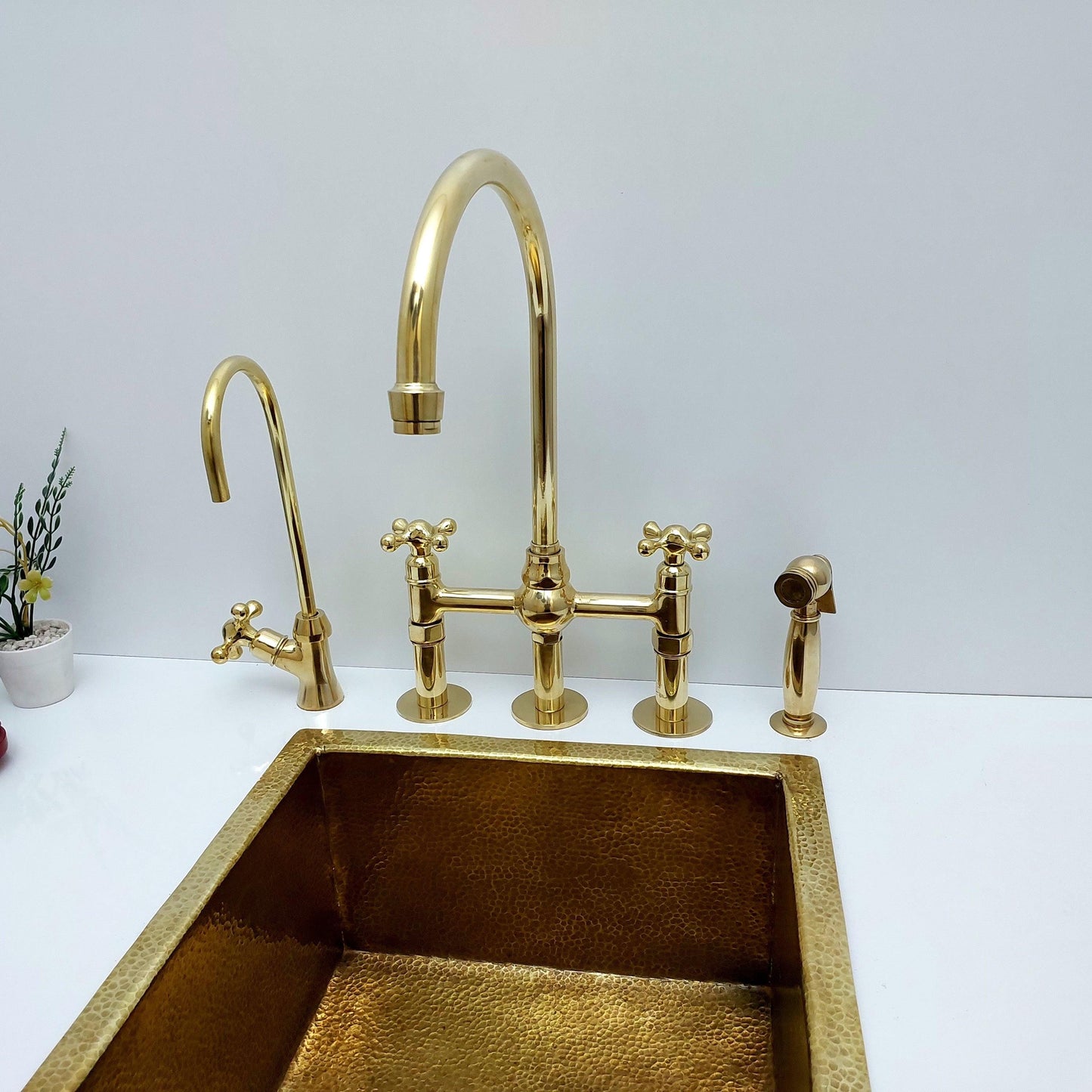 Unlacquered Brass Bridge Kitchen Faucet With Ball Center, 3 Straight Legs, And Cross Handles - 8" Spread - Ref: APC-4