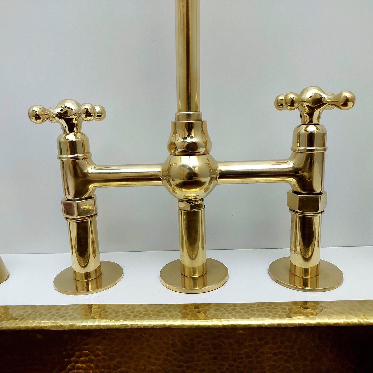 Unlacquered Brass Bridge Kitchen Faucet With Ball Center, 3 Straight Legs, And Cross Handles - 8" Spread - Ref: APC-4