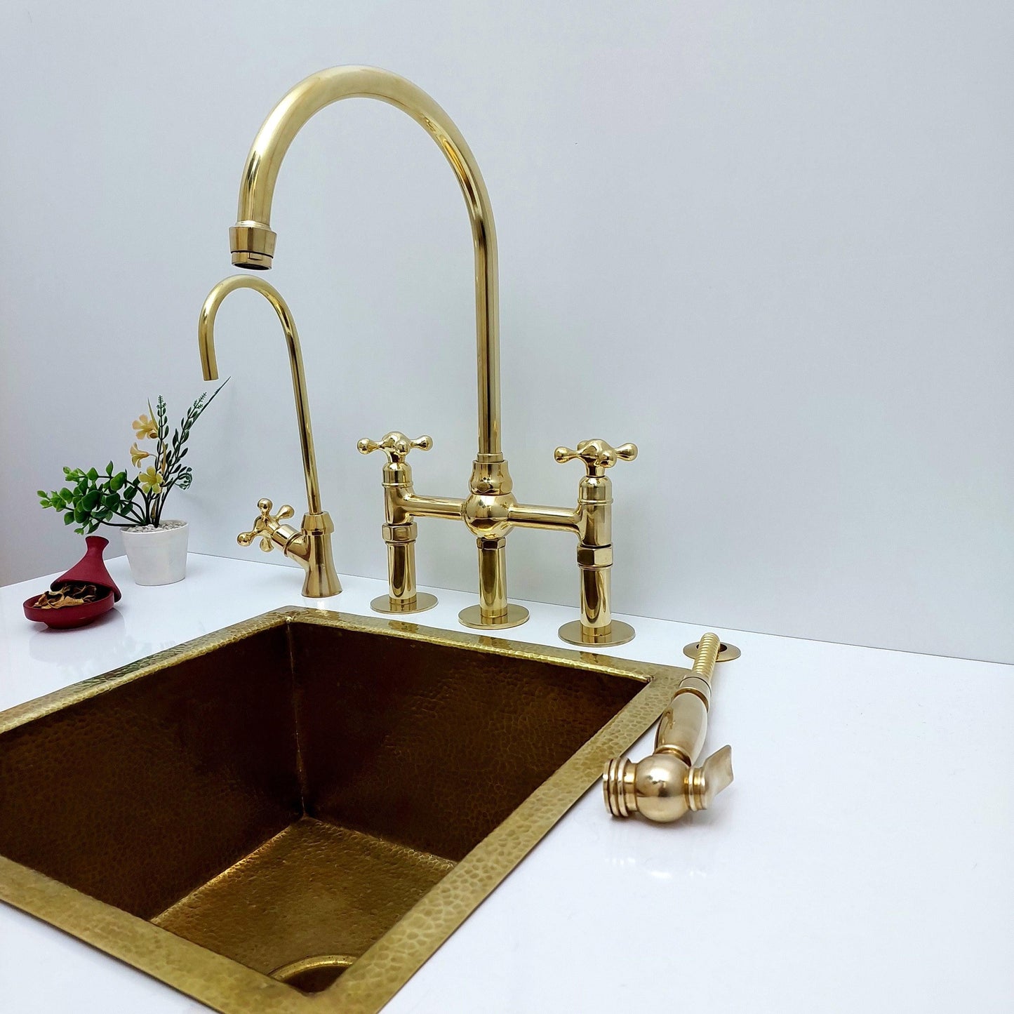 Unlacquered Brass Bridge Kitchen Faucet With Ball Center, 3 Straight Legs, And Cross Handles - 8" Spread - Ref: APC-4