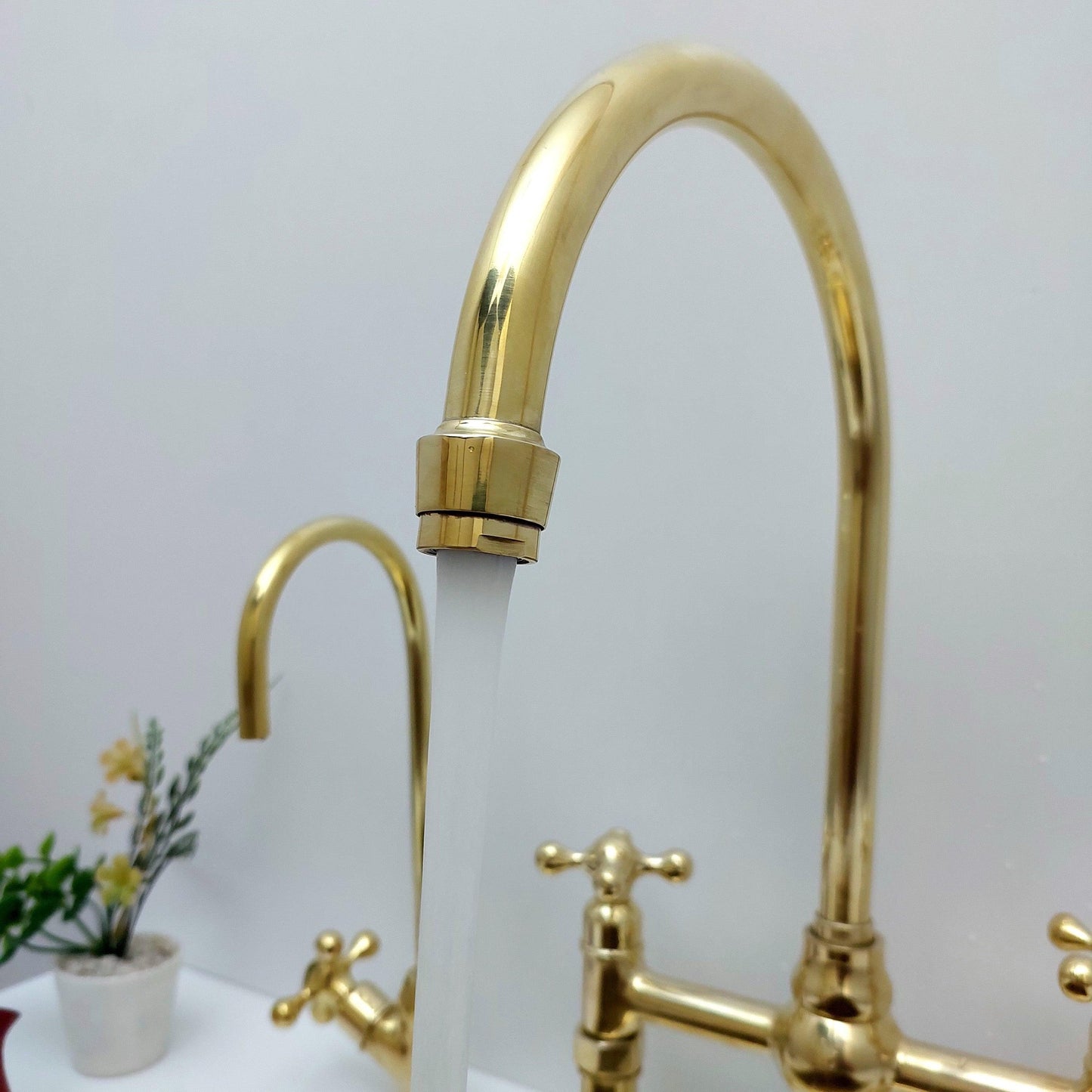Unlacquered Brass Bridge Kitchen Faucet With Ball Center, 3 Straight Legs, And Cross Handles - 8" Spread - Ref: APC-4
