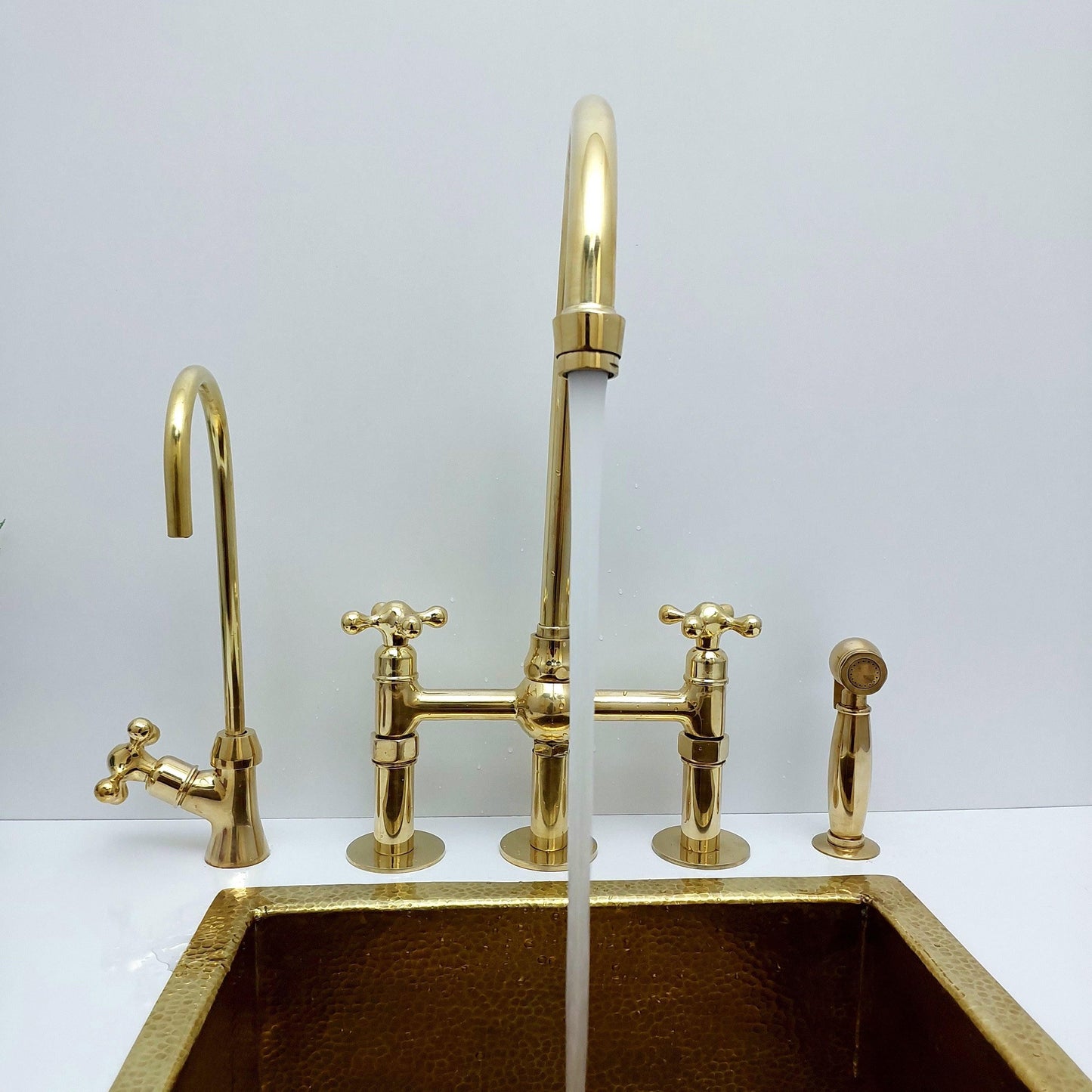 Unlacquered Brass Bridge Kitchen Faucet With Ball Center, 3 Straight Legs, And Cross Handles - 8" Spread - Ref: APC-4