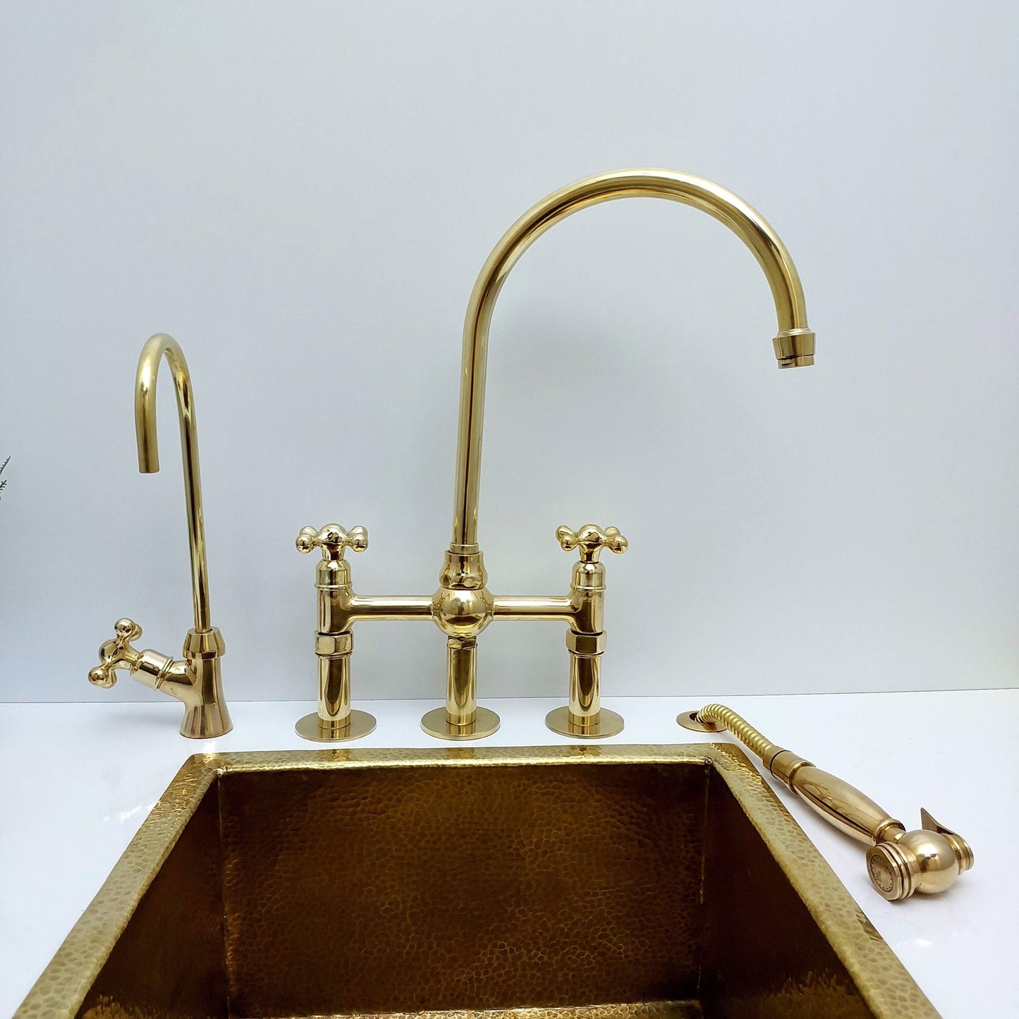 Unlacquered Brass Bridge Kitchen Faucet With Ball Center, 3 Straight Legs, And Cross Handles - 8" Spread - Ref: APC-4