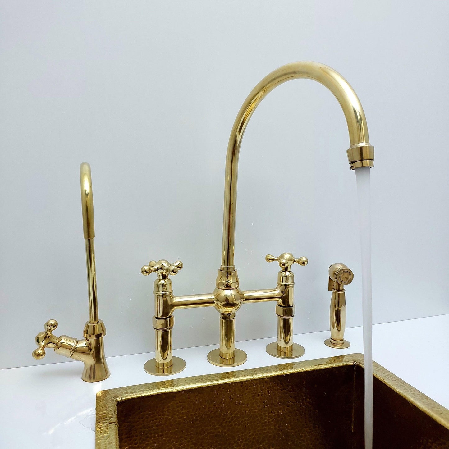 Unlacquered Brass Bridge Kitchen Faucet With Ball Center, 3 Straight Legs, And Cross Handles - 8" Spread - Ref: APC-4