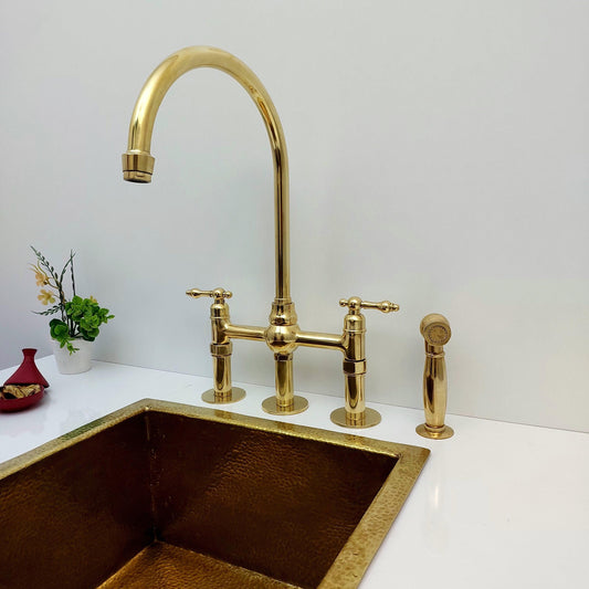 Unlacquered Brass Bridge Kitchen Faucet With Ball Center, 3 Straight Legs, And Sprayer - 8" Spread - Ref: AKC-4