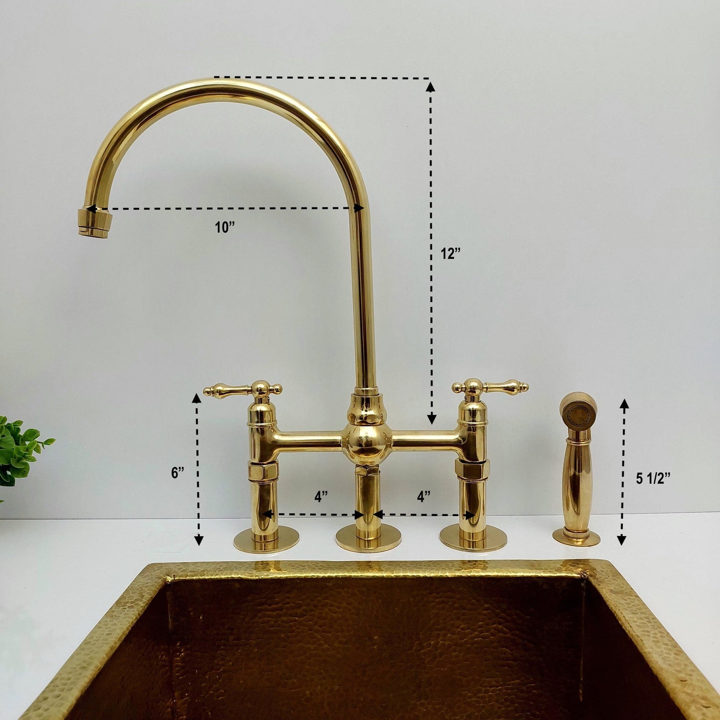 Unlacquered Brass Bridge Kitchen Faucet With Ball Center, 3 Straight Legs, And Sprayer - 8" Spread - Ref: AKC-4