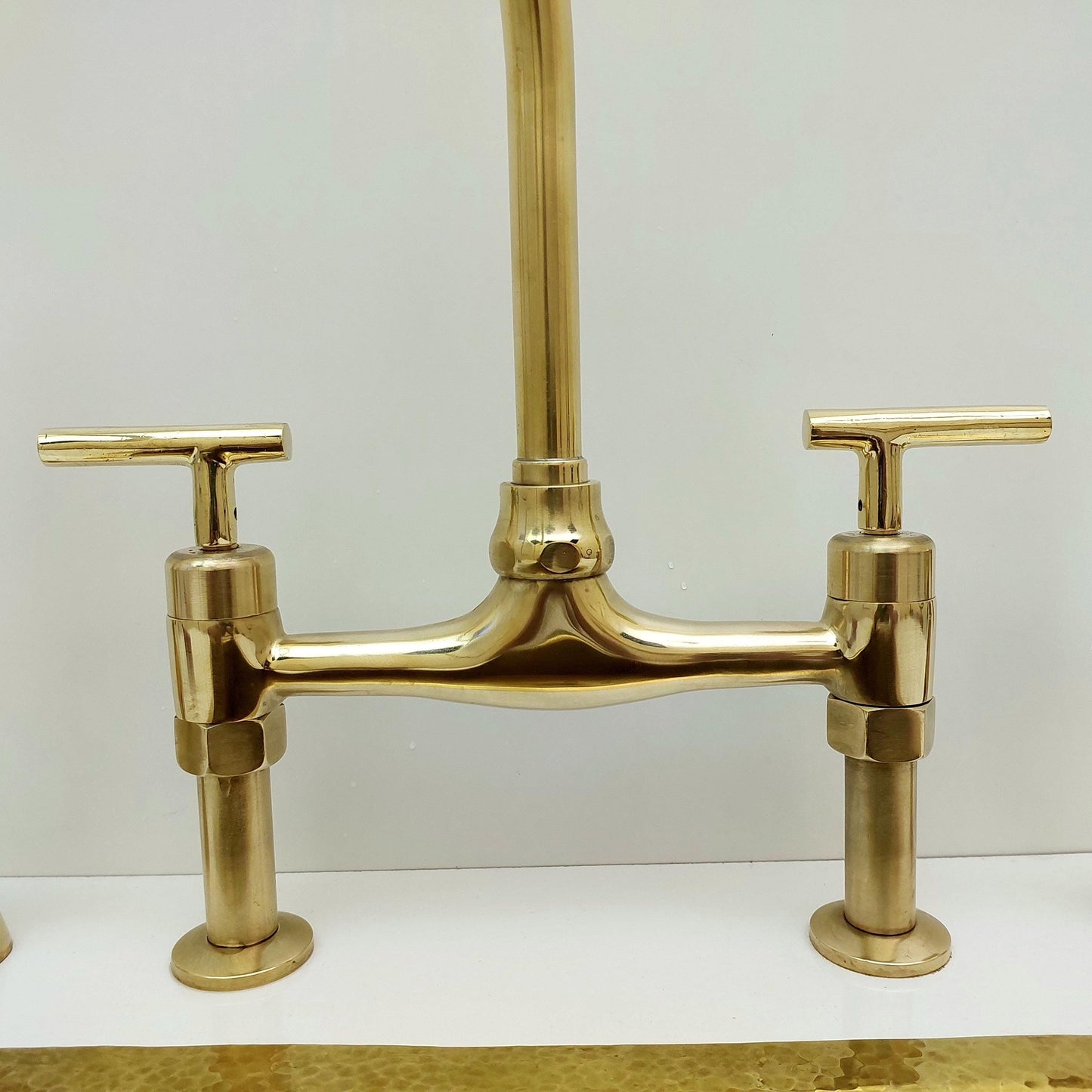 Unlacquered Brass Bridge Kitchen Faucet With Sprayer and Lever Handles - 8" Spread - Ref: APL-3